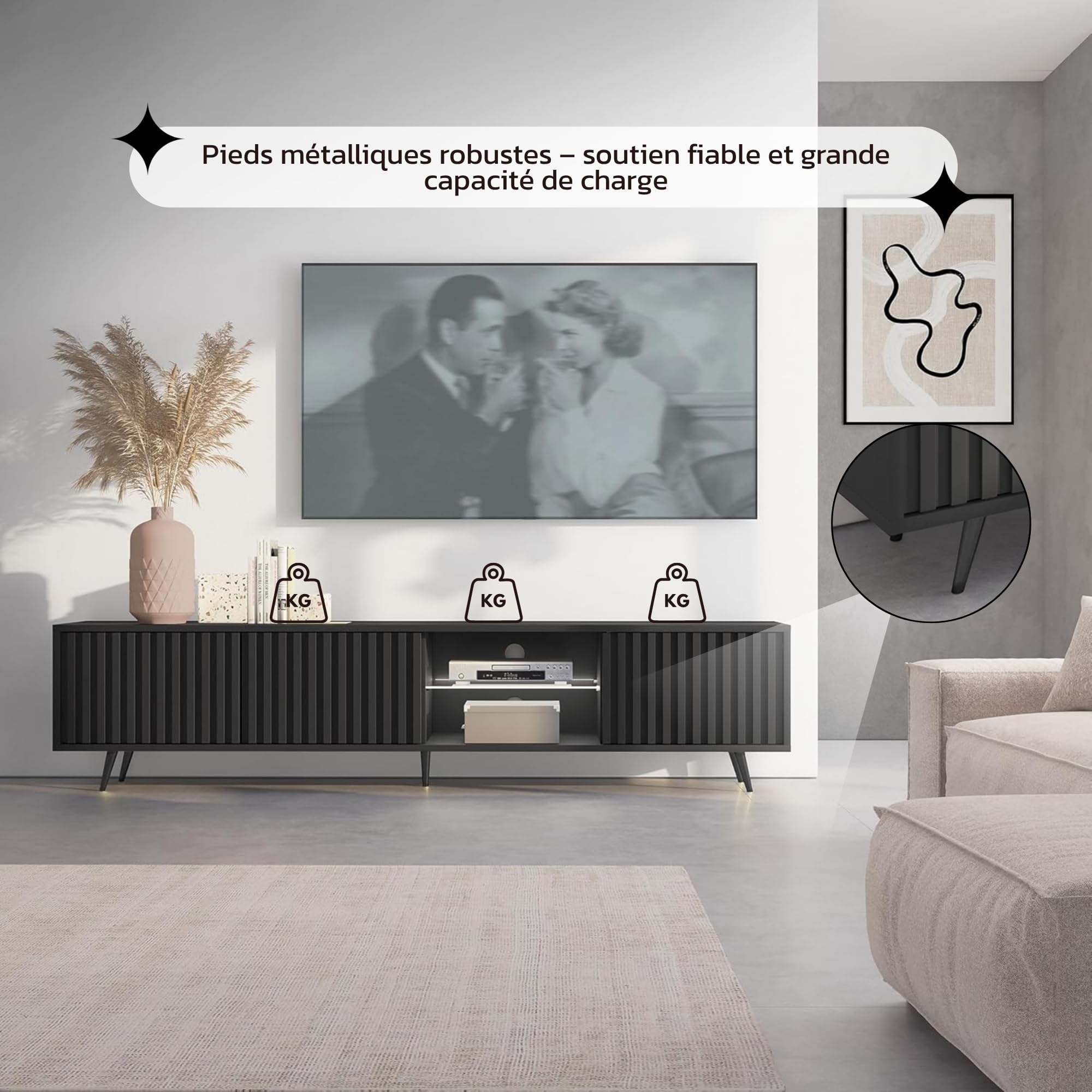 Selsey Meuble TV Armoire De Télévision sur Pieds Noir 175 cm À Lamelles Éclairage LED Noir Bello