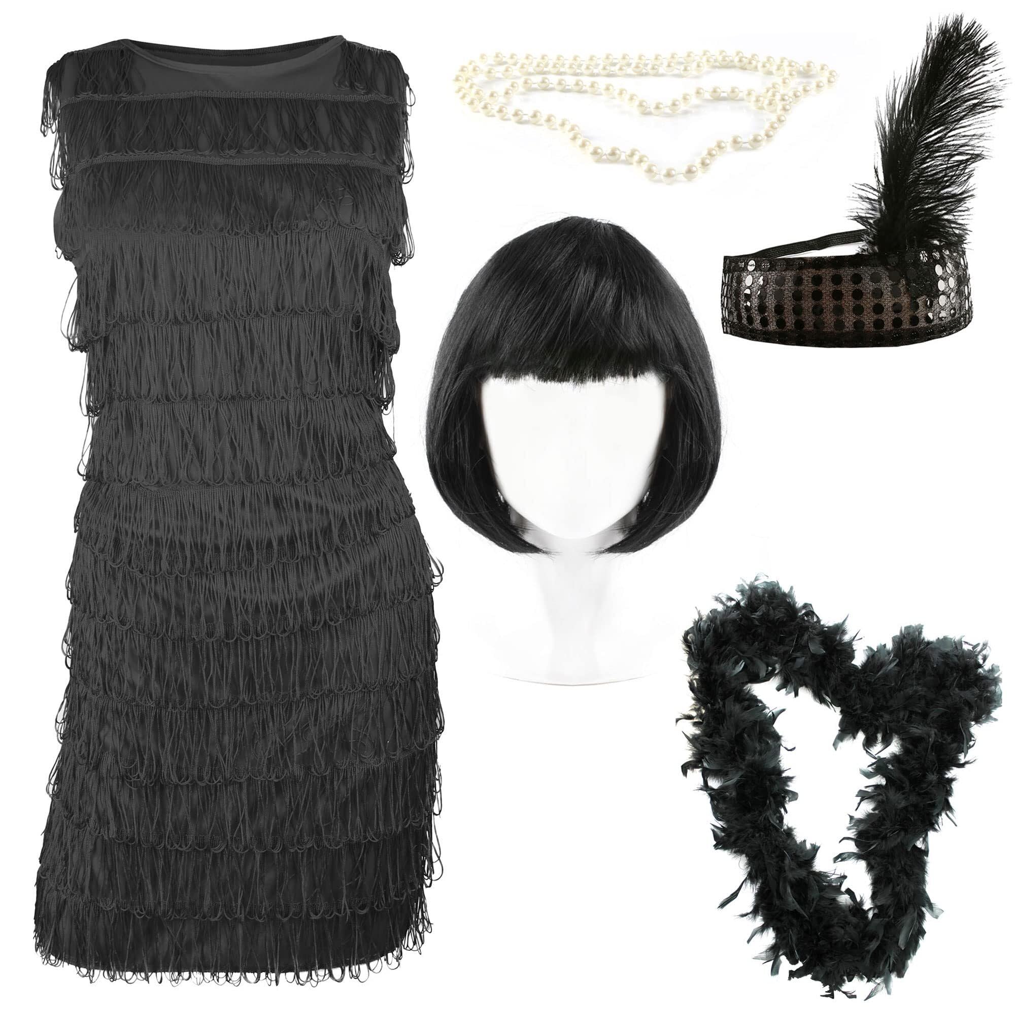 I LOVE FANCY DRESS Robe Noire Jeune Fille Délurée - FR - 38/40 - Déguisement Flapper pour femme avec bandeau à paillettes assorti, collier de perles, perruque Bob et boa en plumes (Noire)