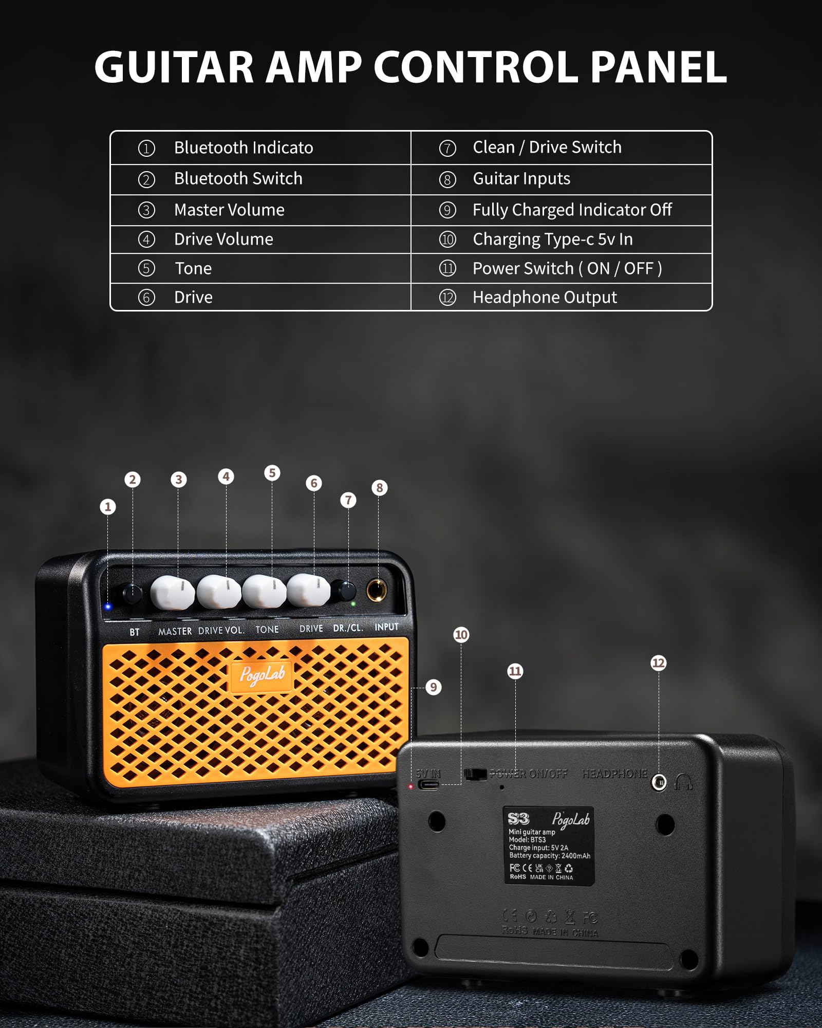 POGOLAB 5W Mini Amplificateur de Guitare Électrique, Bluetooth Sans Fil Avec Prise Casque, Canal CLEAN/OVERDRIVE, Combo Rechargeable Pour Acoustique, Orange