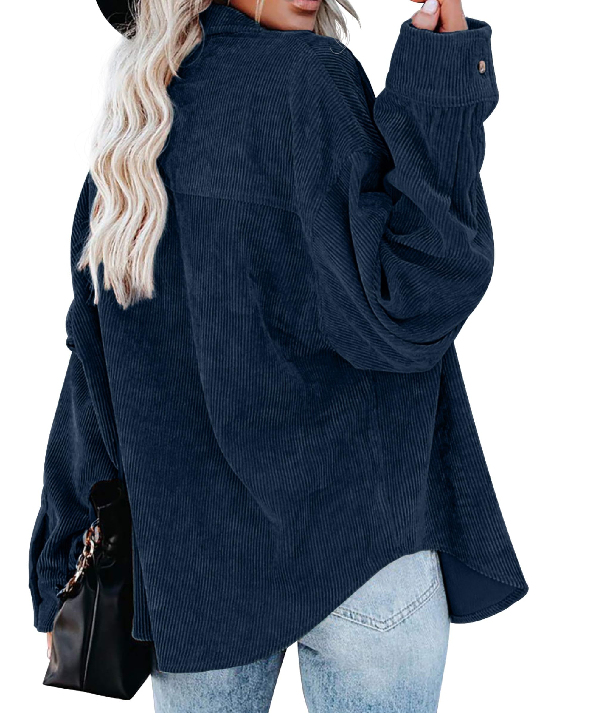 QIXING Veste chemise pour femme automne hiver oversize boutonnée duvet Corduroy veste fine en velours côtelé femme chemise col en V manches longues chemisier avec poche veste décontractée en