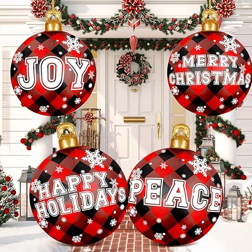 4 bolas inflables gigantes de Navidad de 25 pulgadas, bolas inflables de búfalo rojo y negro, adornos inflables gigantes para Navidad al aire libre,