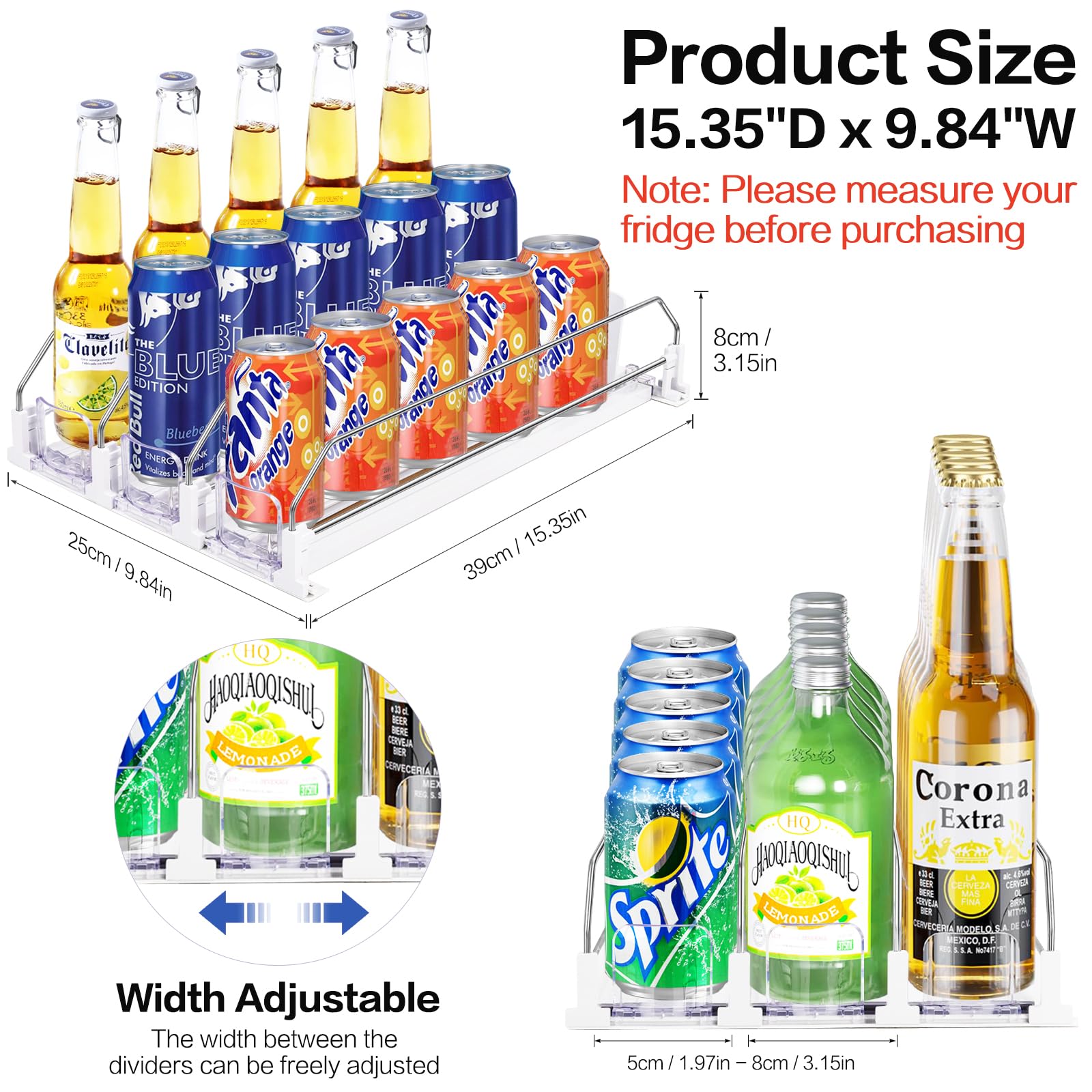 sunoyar Drink Organizer for Fridge, Automatic Pusher Glide Soda Can Dispenser for Refrigerator, Holds up to 15 Cans Fridge Drink Organizer Adjustable Width for Soda Beverage Beer (White 3 Row)