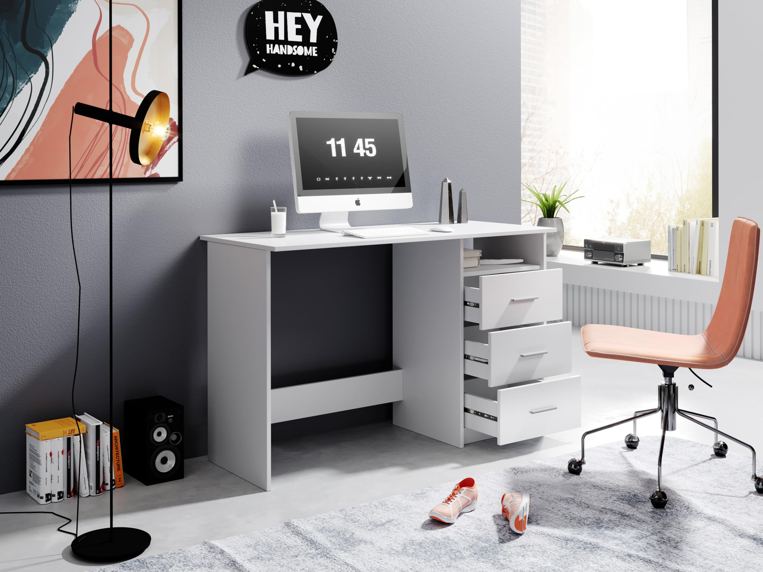 Scrivania con Cassetti 120 cm Bianca 123x50x77 cm | 3 cassetti integrati, ampio piano di lavoro, design moderno, per ufficio, studio e cameretta
