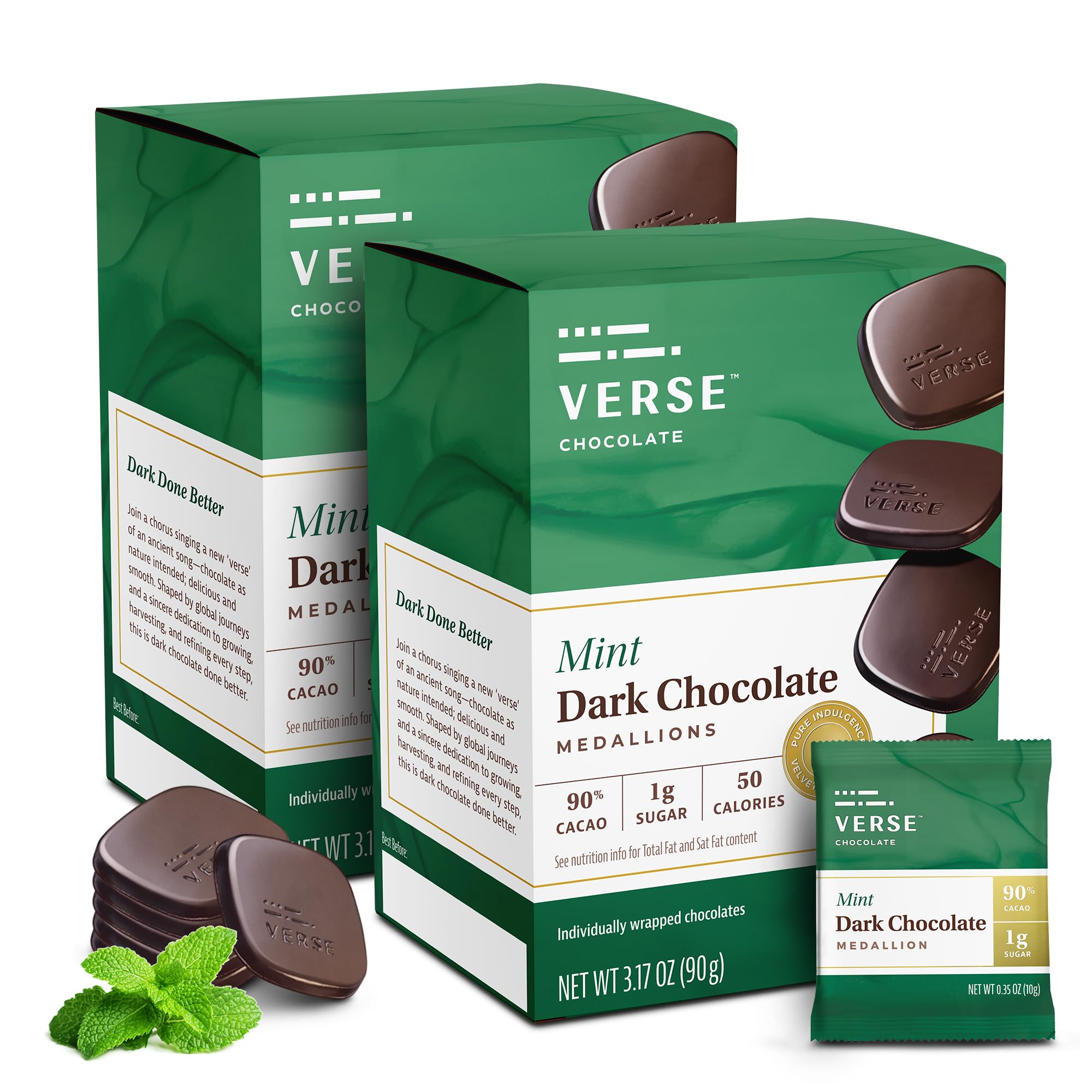Verse 90% Dark Chocolate Mint Squares - Only 1g Cane Sugar - Creamy Dark Cocoa - Individually Wrapped Cacao Chocolate Squares (9 Count, 2 Pack)