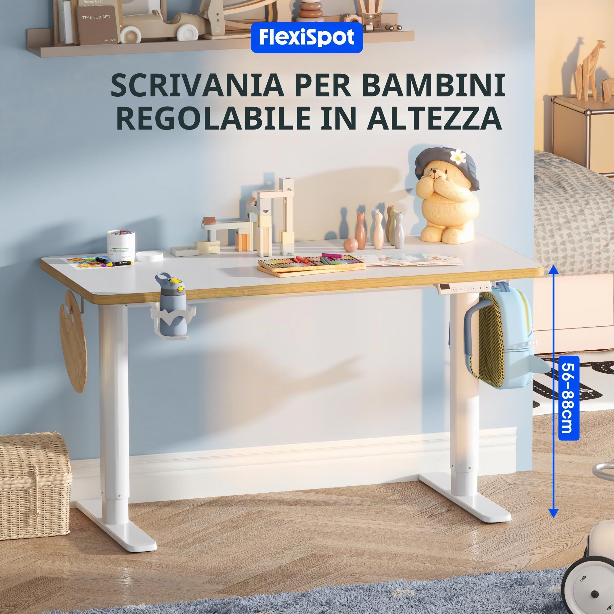 FLEXISPOT Scrivania per Bambini Regolabile in Altezza con Display LED, 3 Spazi di Archiviazione, Sicurezza, Piano Ergonomico 110×52 cm