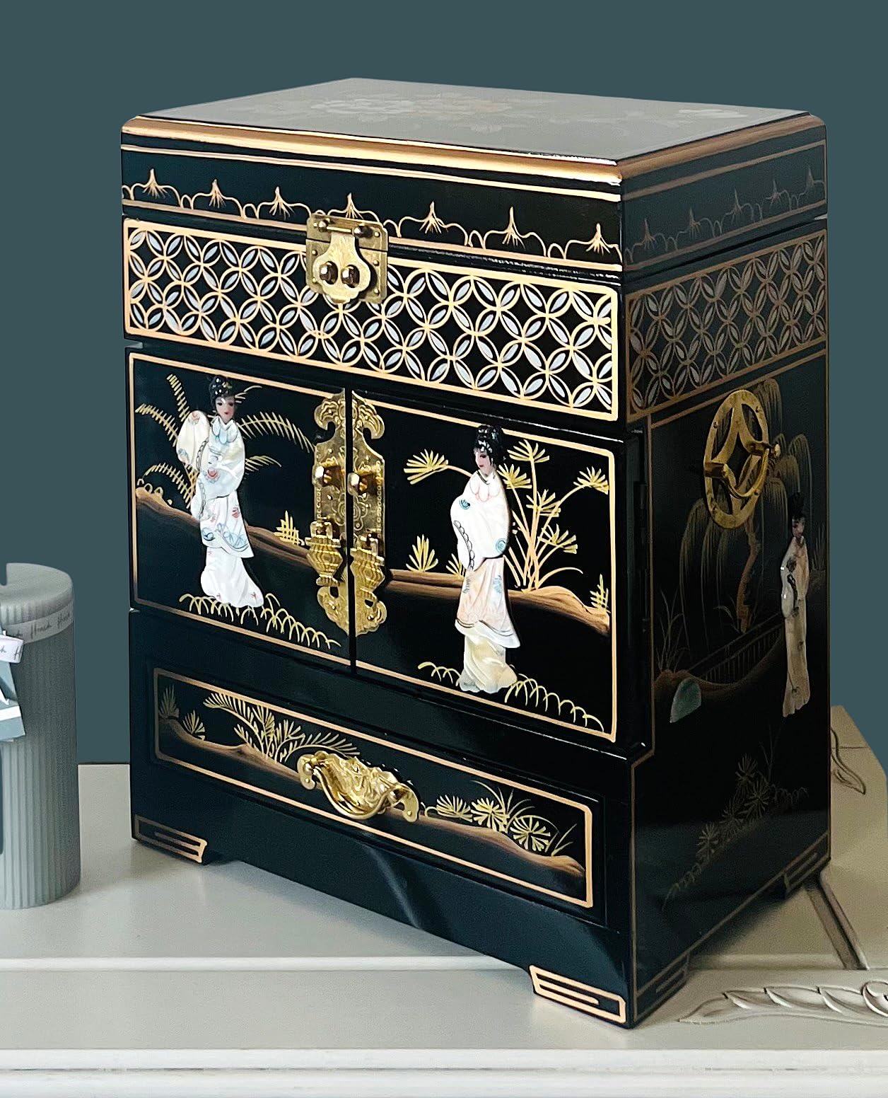 China Warehouse Direct Oriental Chinese Jewellery Box, Hand Painted Jewellery Chest Case with Mother Of Pearl, Asian Furniture & Giftware