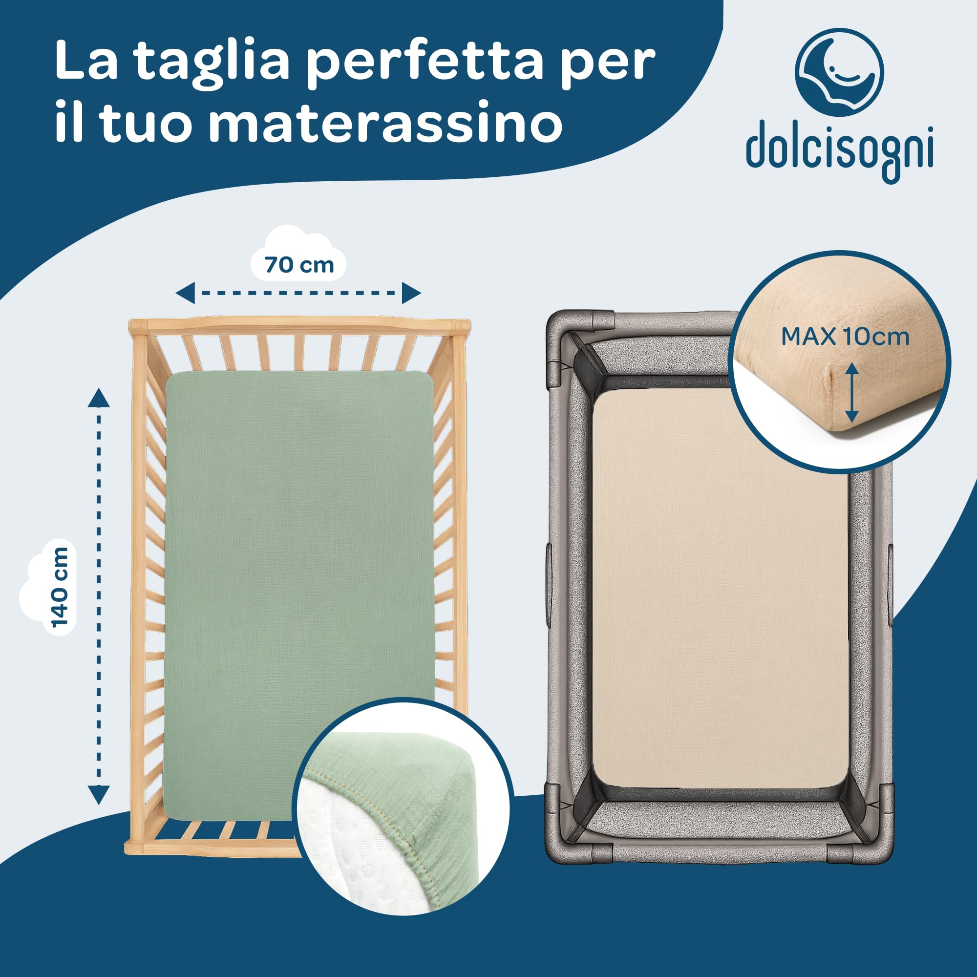 DOLCI SOGNI - Set Lenzuola Lettino 70x140 In Mussola Di Cotone Con Angoli Elasticizzati - Lenzuola per Lettino Asilo e Brandina con Lenzuolo 70x140 - Certificato Oeko-TEX - 1 x Sabbia + 1 x Menta
