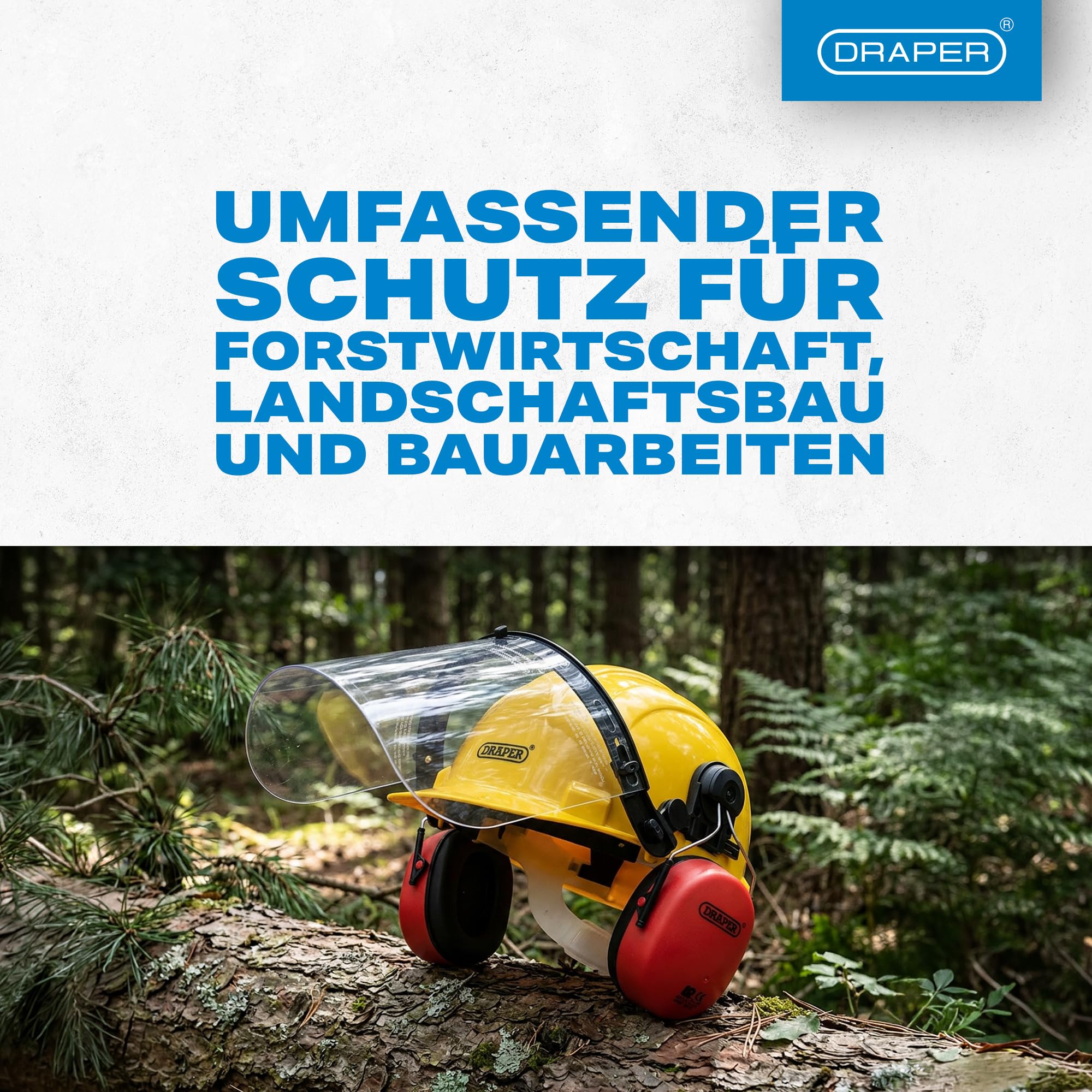 Draper Tools Schutzhelm mit Ohrenschützern und Gesichtsschutz, verstellbarer Forstschutzhelm mit Polycarbonat-Visier, entspricht Sicherheitsstandards, ideal für Forstwirtschaft und Landschaftspflege