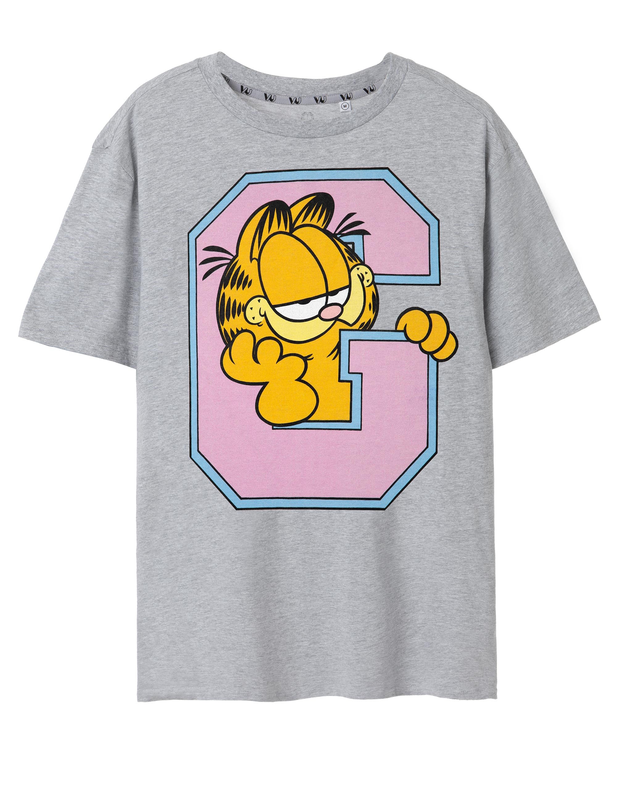 Garfield Mens T-Shirt in Grey | Collegiate Campus Short Sleeve Top for Adults | Lightweight Retro Cartoon Graphic Tee | Series Movie 90s Nostalgic Merchandise Gift for Men