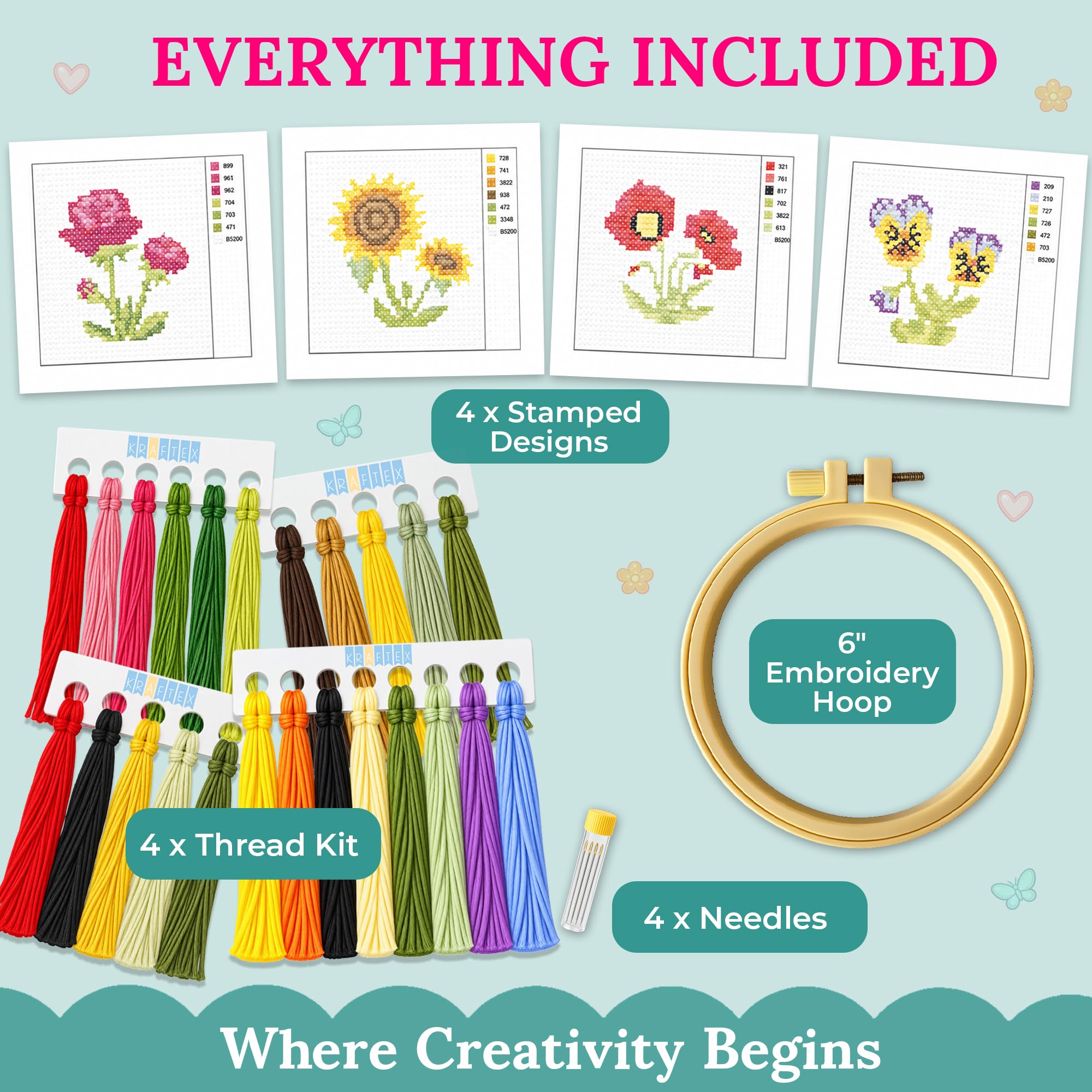 Beginner Cross Stitch Kits - Floral Designs -2 Beginner Cross Stitch Kits - Floral Designs -2