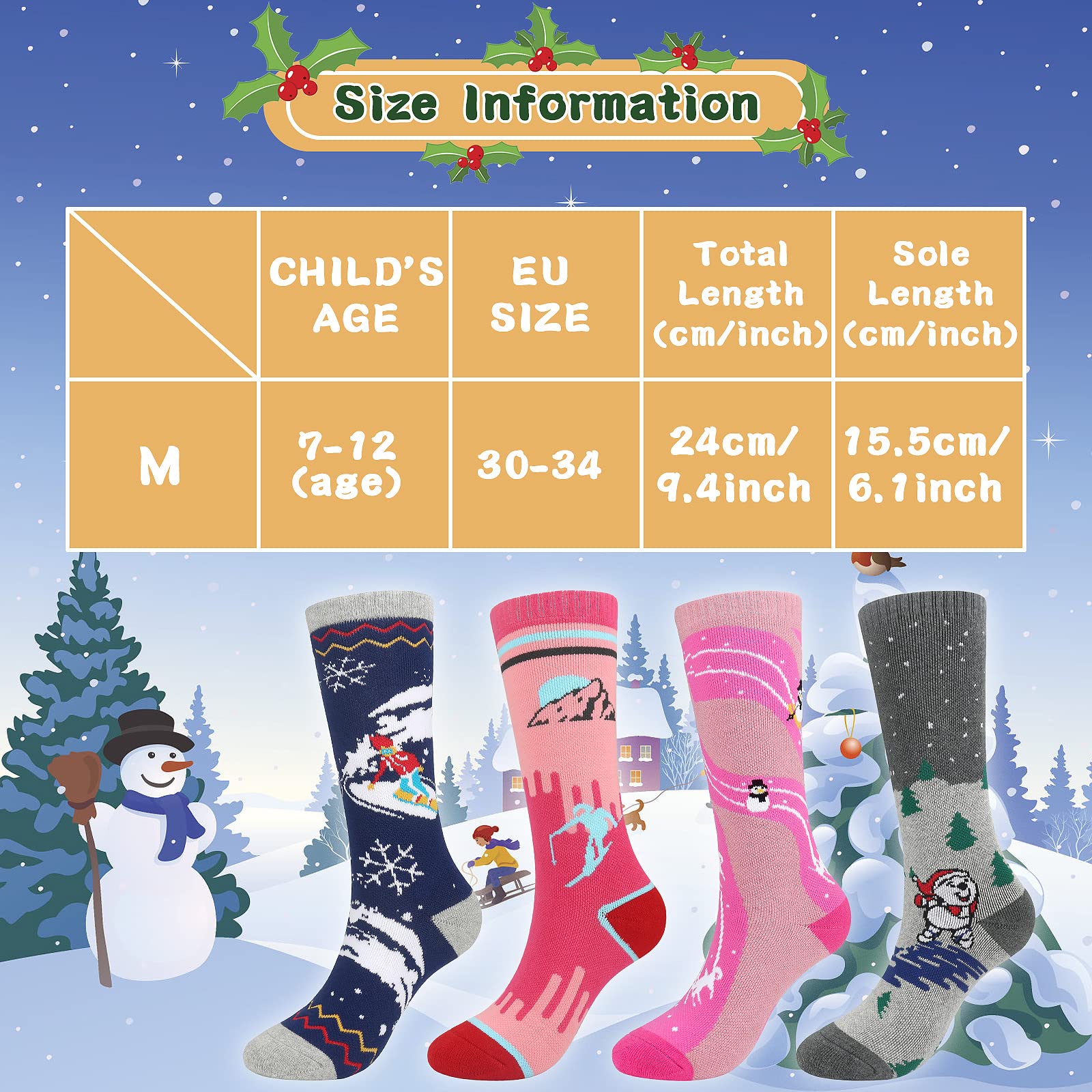 KOOOGEAR Calcetines de esquí para niños, calcetines térmicos largos hasta la rodilla para niñas y niños, coloridos calcetines deportivos para botas de nieve, para patinaje, esquí, snowboard, niños