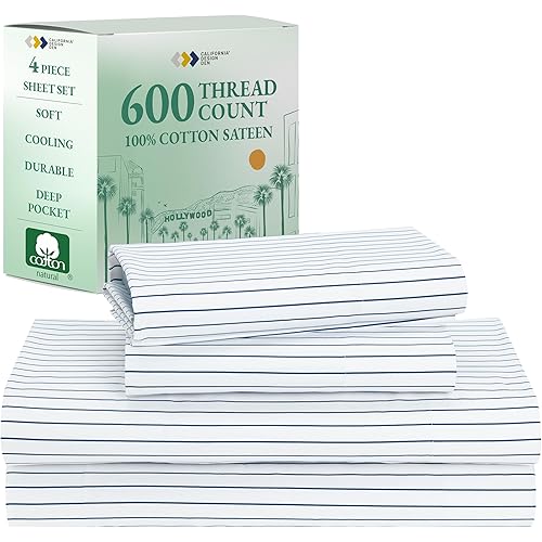 California Design Den Printed Striped Sheets Queen Size Bed Set - Luxury 600 Thread Count, 100% Cotton Sateen, Hotel Quality Deep Pocket Queen Bed Sheets - Classic Blue Stripe Print