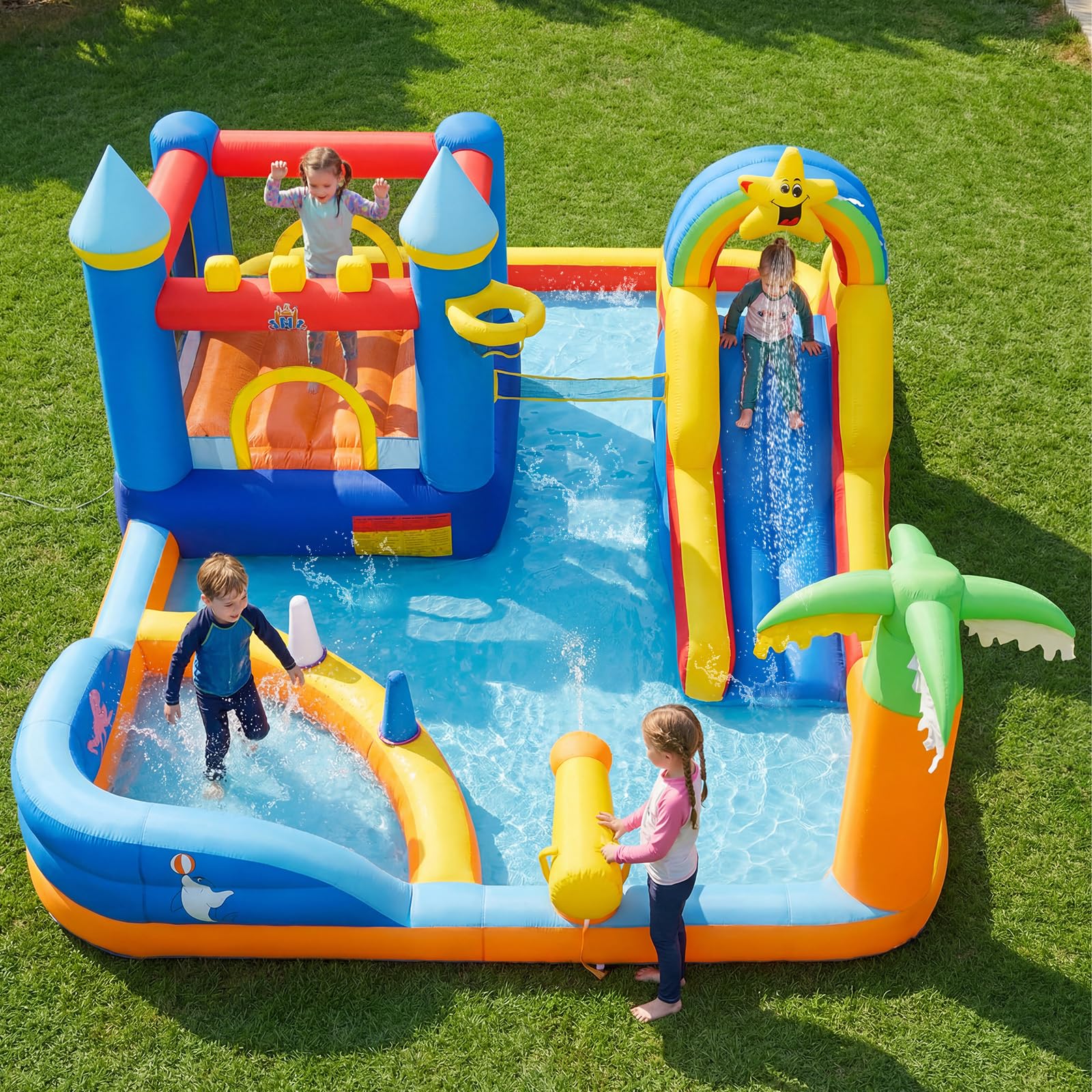 COSTWAY Castillo Hinchable, Parque Infantil con Temática de Playa con Muro de Escalar, Cañón de Agua, Pelotas Oceánicas, Fútbol, Baloncesto, Voleibol, Castillo Inflable al Aire Libre (sin soplador)