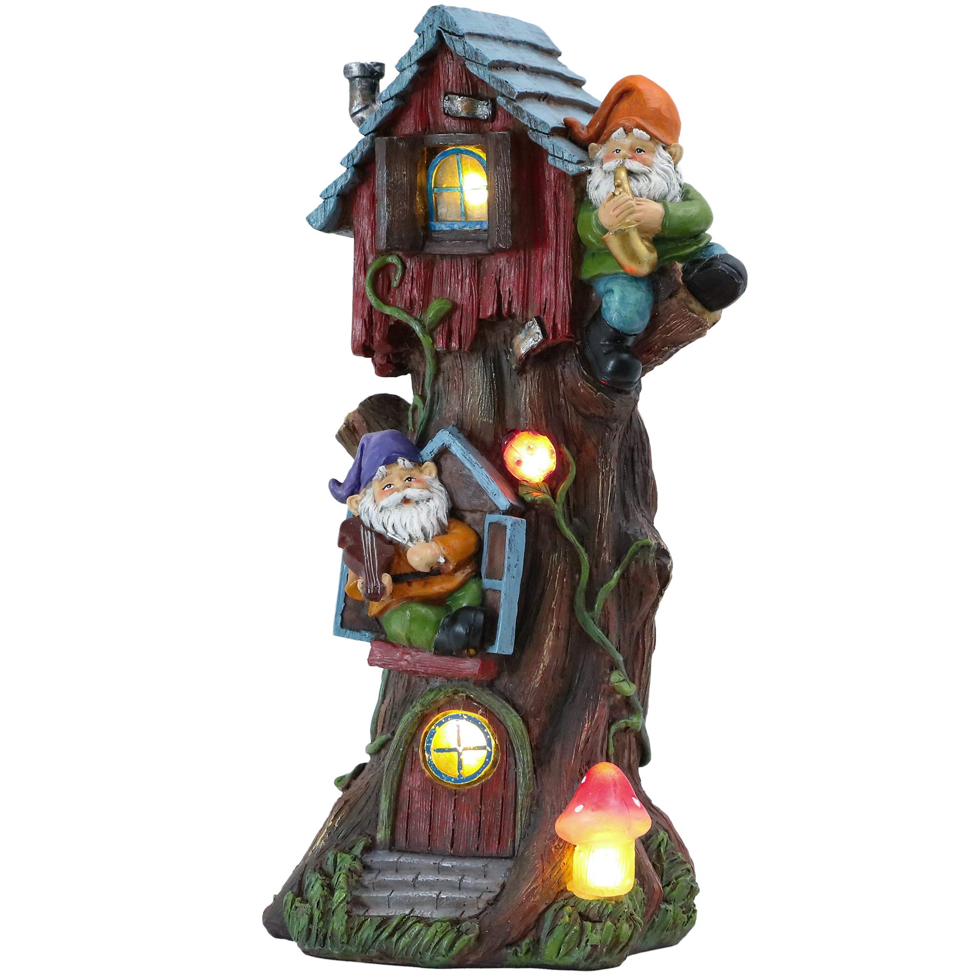 TERESA'S COLLECTIONS Garden Ornaments Outdoor, Lovely Solar Tree Fairy House with Garden Gonks, Waterproof Garden Fairy House Ornaments, Indoor Outdoor 28CM