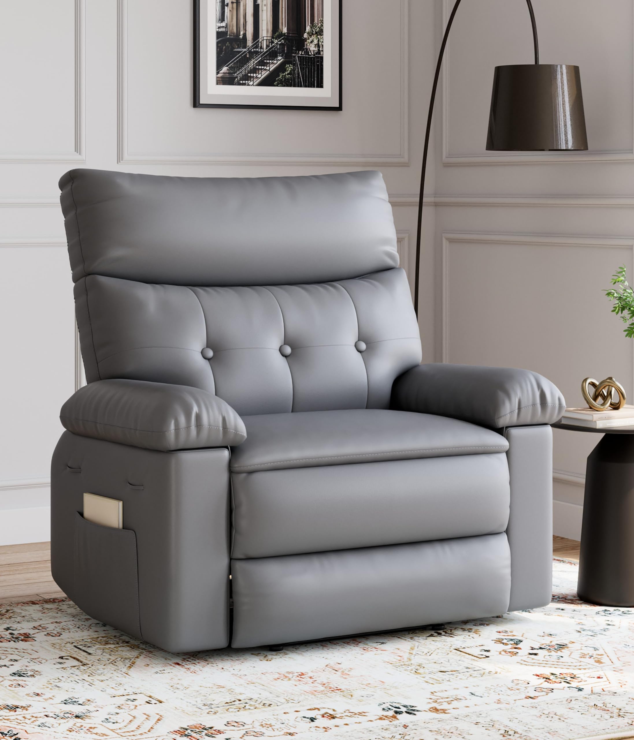 PeakPursuit 22" Oversized Manual Recliner Chair for Adults – PU Leather Lounge Chair with 1.5X Thick Foam Padding, Comfortable Arm & Back Support, Easy Recline for Living Room or Bedroom (Gray)