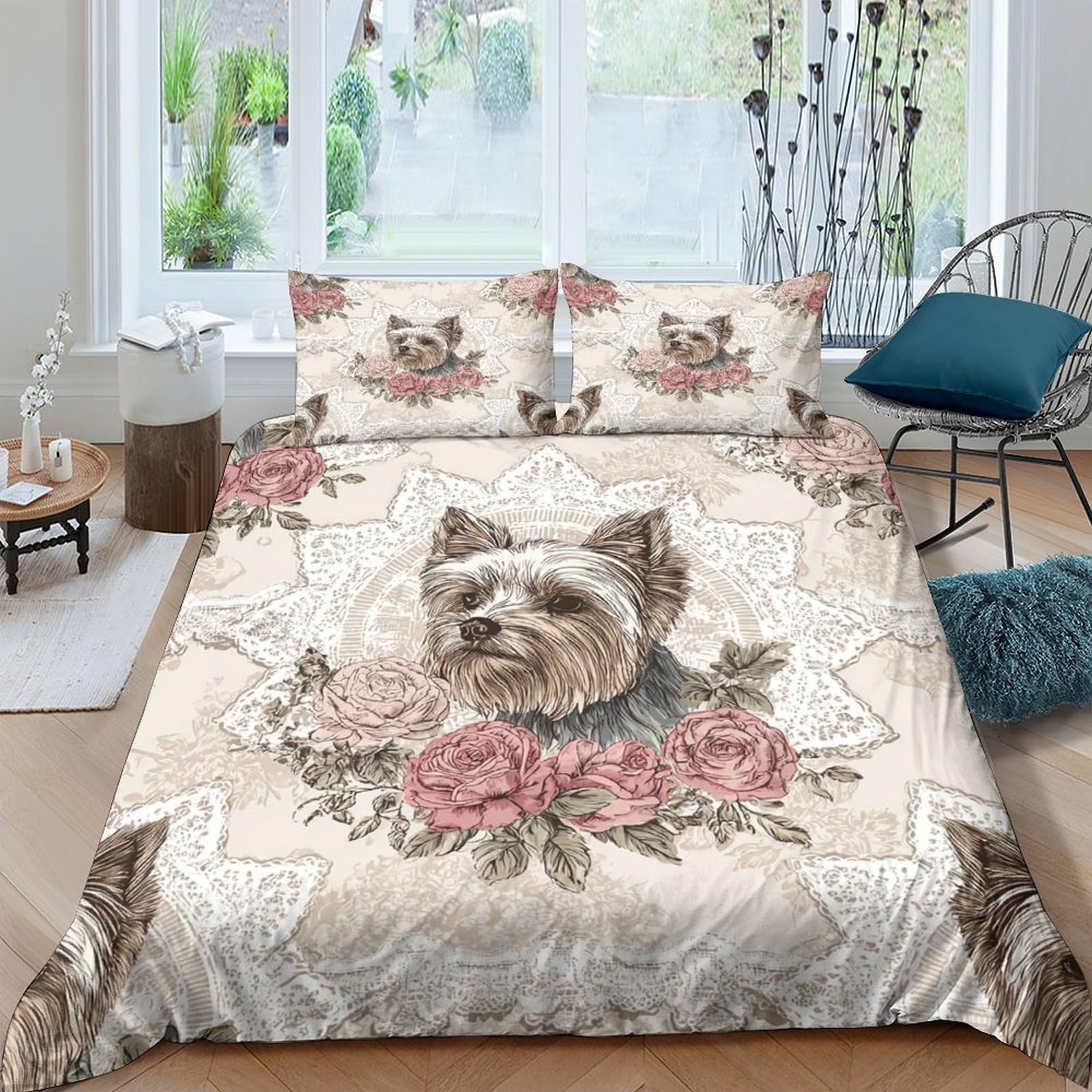 Ctjqhvkz Style-5 3D Printed Yorkshire Terrier Floral Fitted Sheet Microfiber Soft Anti-Slip Bed Cover For Bedroom Guestroom Decor Single（135X200cm）