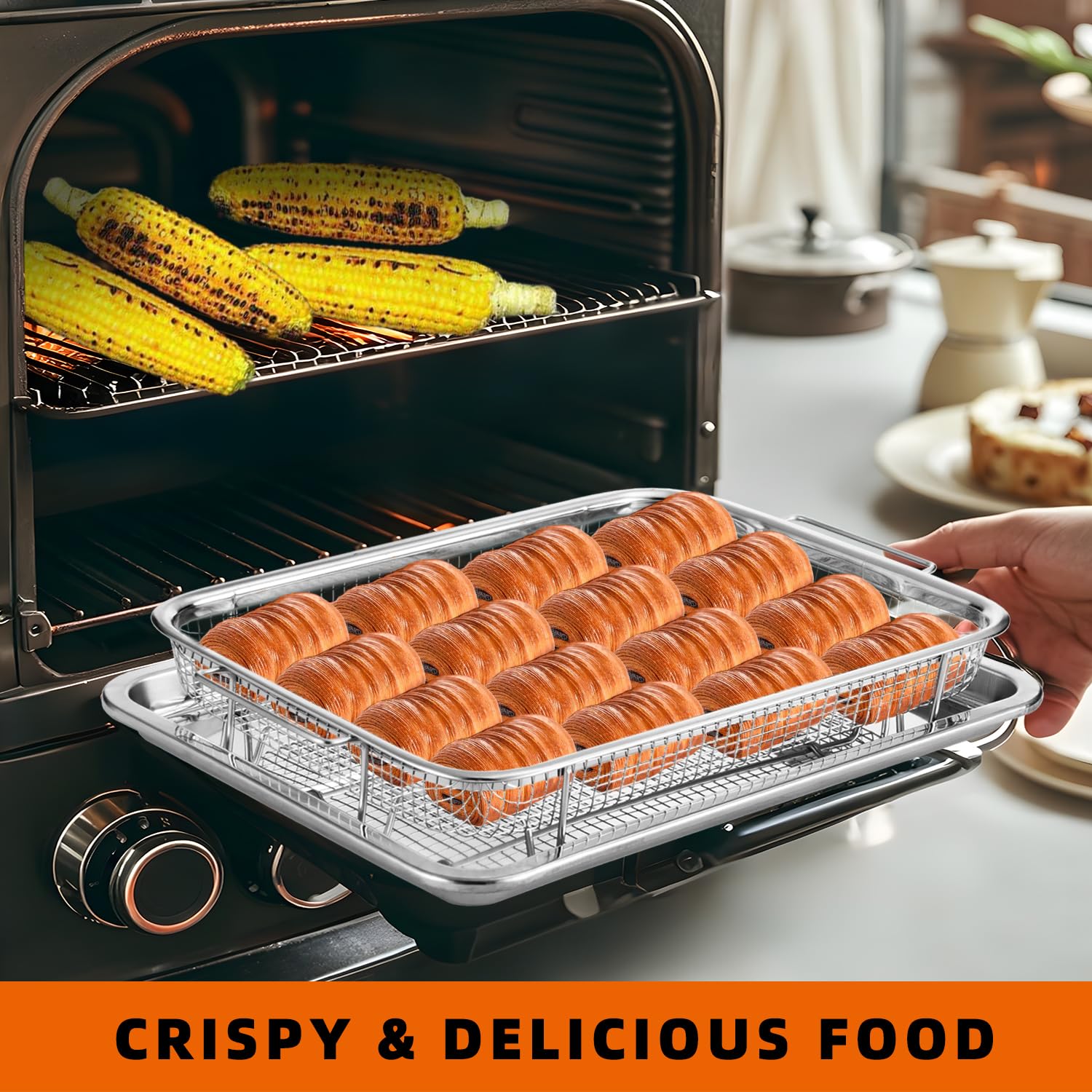 QPMR Cesta de freidora de aire para horno, cesta de acero inoxidable de 18.7 x 11.8 pulgadas con 50 papeles de pergamino, cesta de freidora de aire y bandeja, bandeja antiadherente con bandeja para