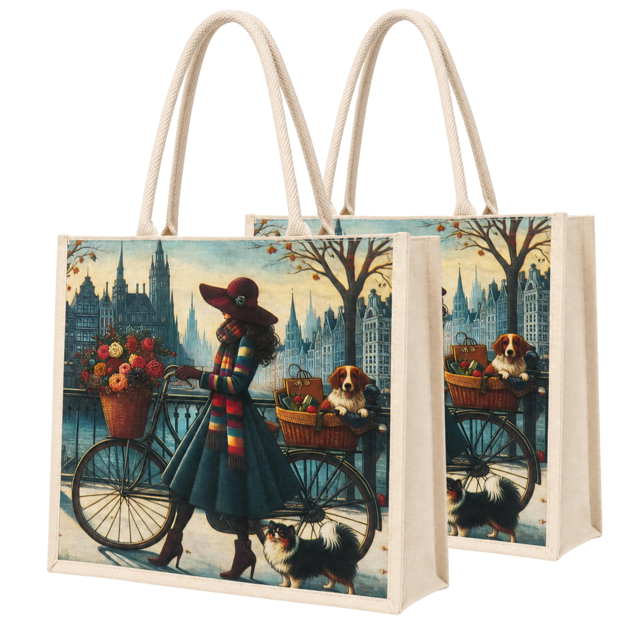 cantainoo Canvas Return Gift Bags for Wedding, Birthday & Festive Functions | Reusable Canvas Tote Bags with Handles(Vintage Bicycle- Pack of 2)