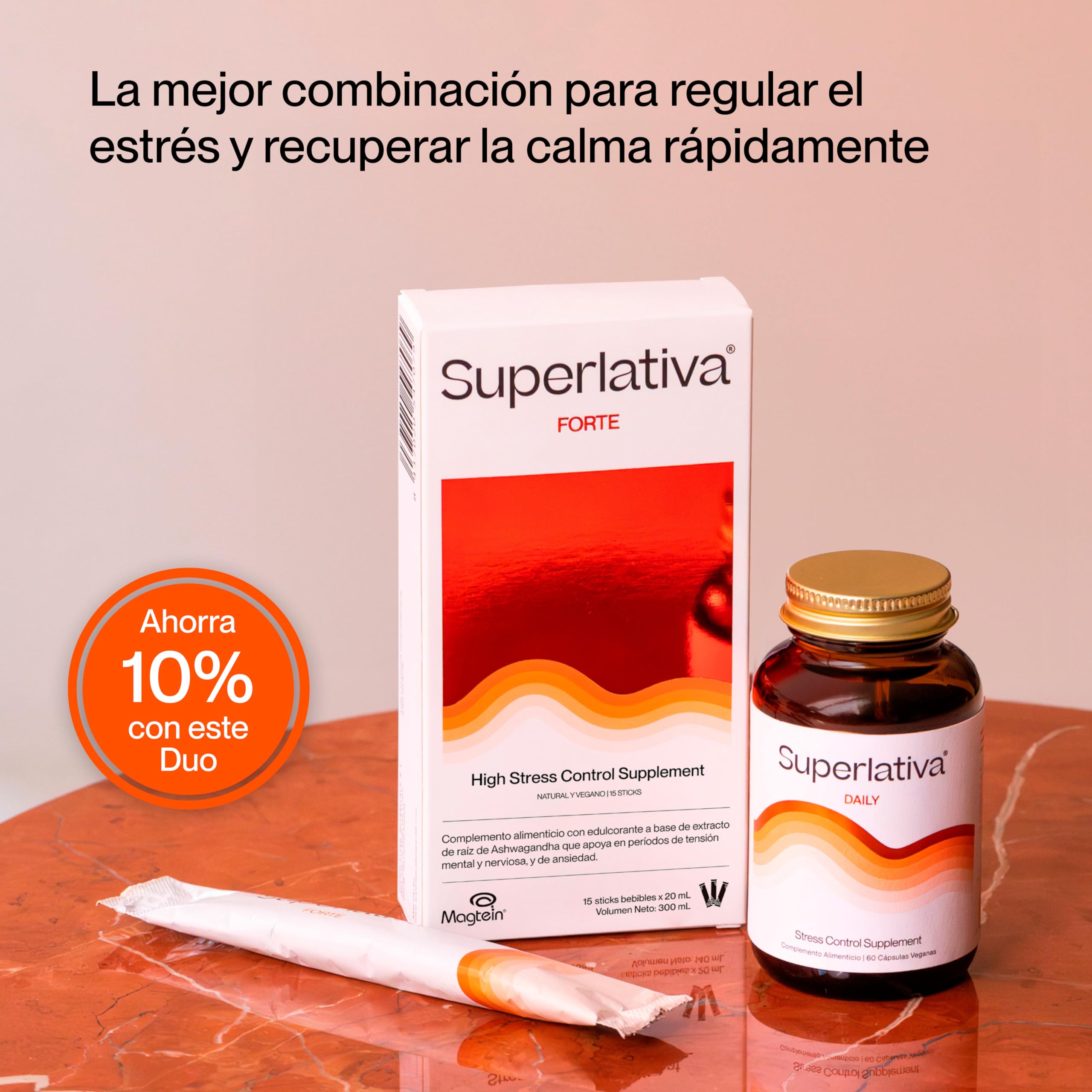 Superlativa Pack Antiestrés Daily + Forte - Ashwagandha Sensoril y Shoden con Magnesio y Bacopa - Sueño, Ansiedad y Energía - Cápsulas + Stick Líquido