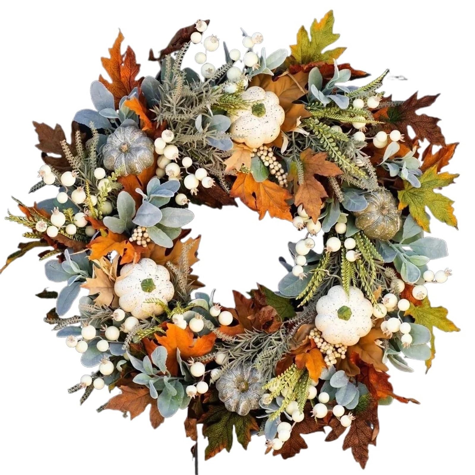 Door Wreath Handcrafted Fall Pumpkin Wreath With Berries And Maple Leaves Autumn Door Decor Harvest Season Halloween Porch Entryway Display(50cm)