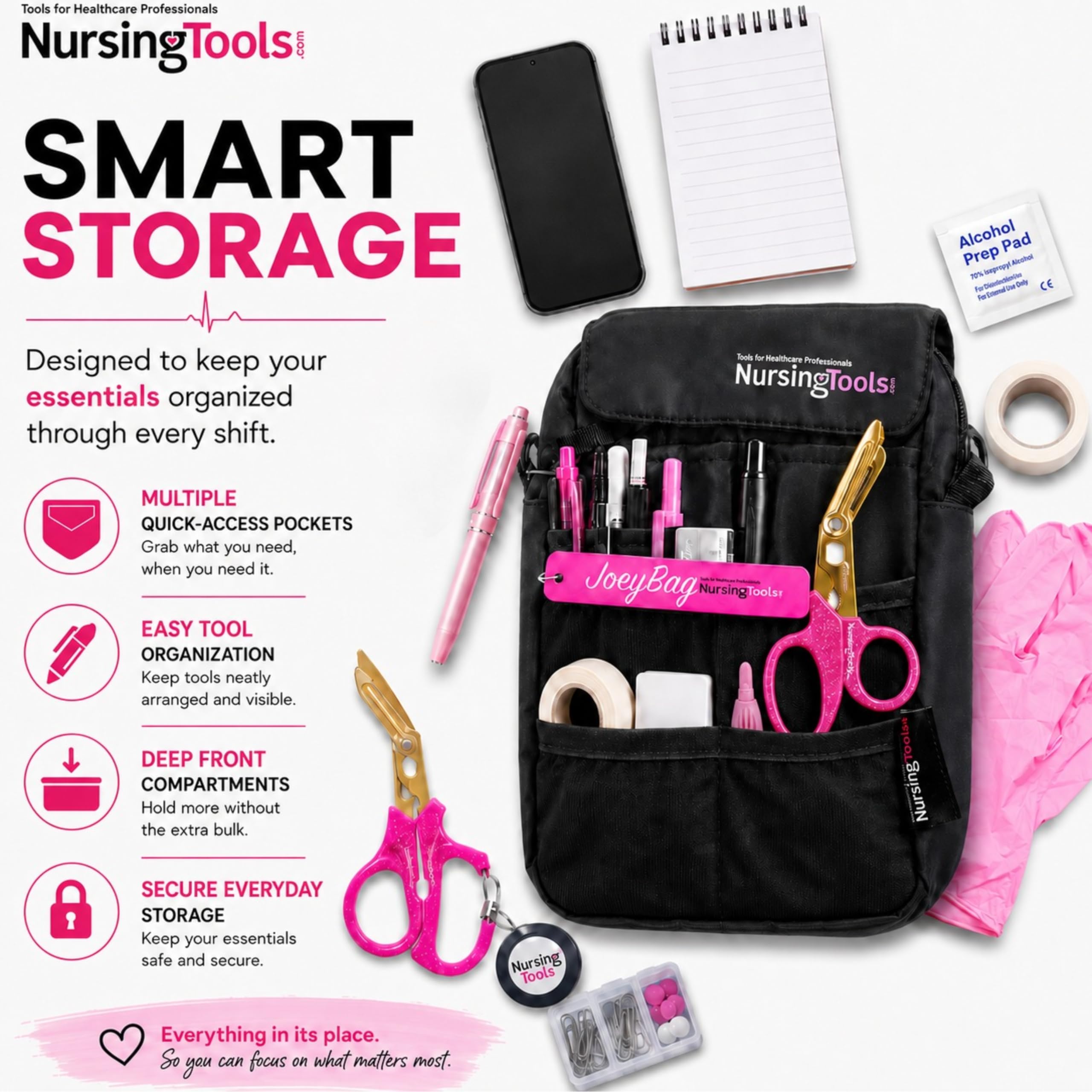 Joey Sac banane pour infirmière avec compartiments multiples pour étudiants, praticiens et professionnels de la santé (Noir)