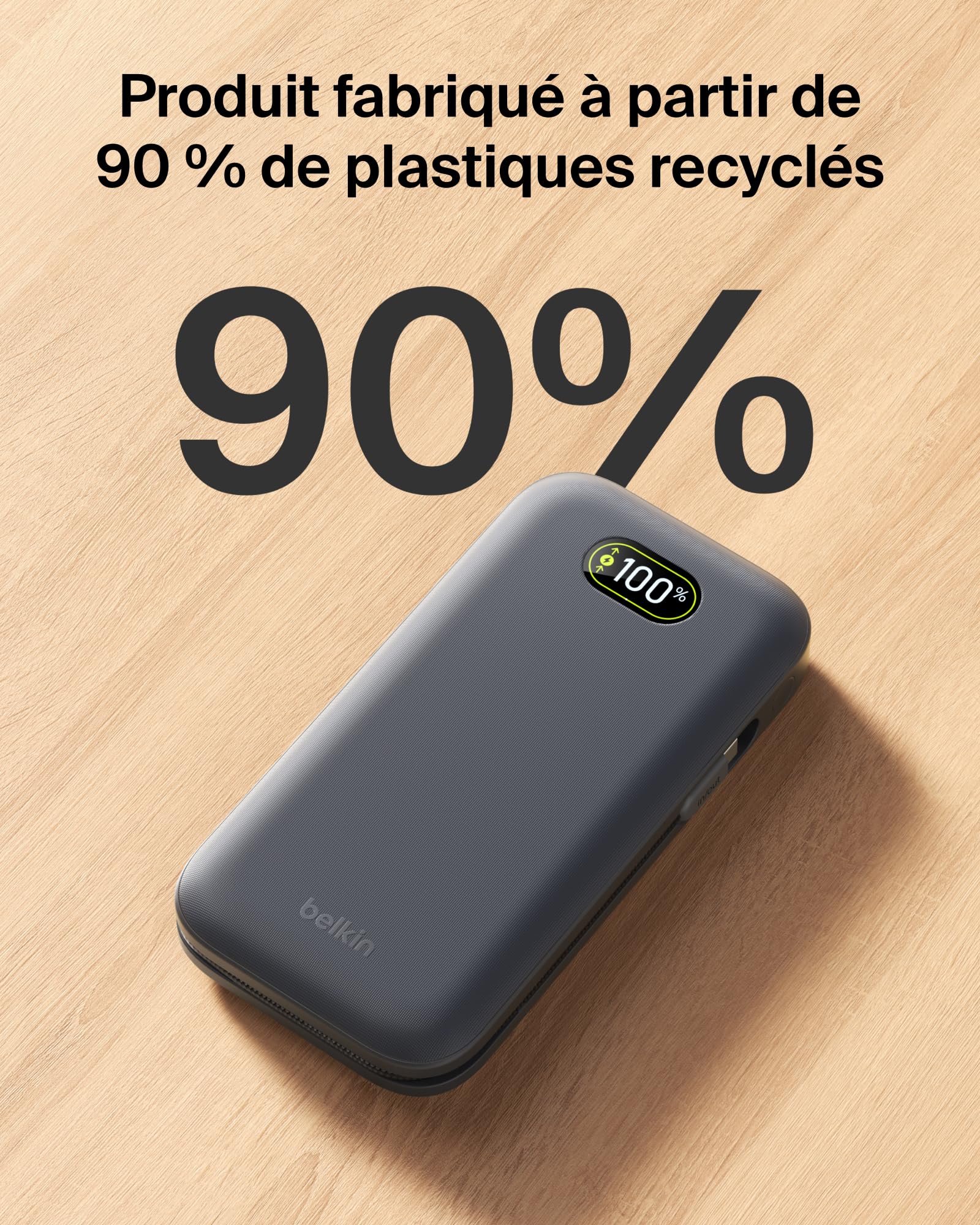 Belkin UltraCharge Pro Batterie Externe 27000mAh, Chargeur Portable avec Câble USB-C Intégré, USB PD 240 W, Power Bank Charge Rapide pour MacBook Pro, iPhone, iPad, Galaxy, Pixel, etc., Gris