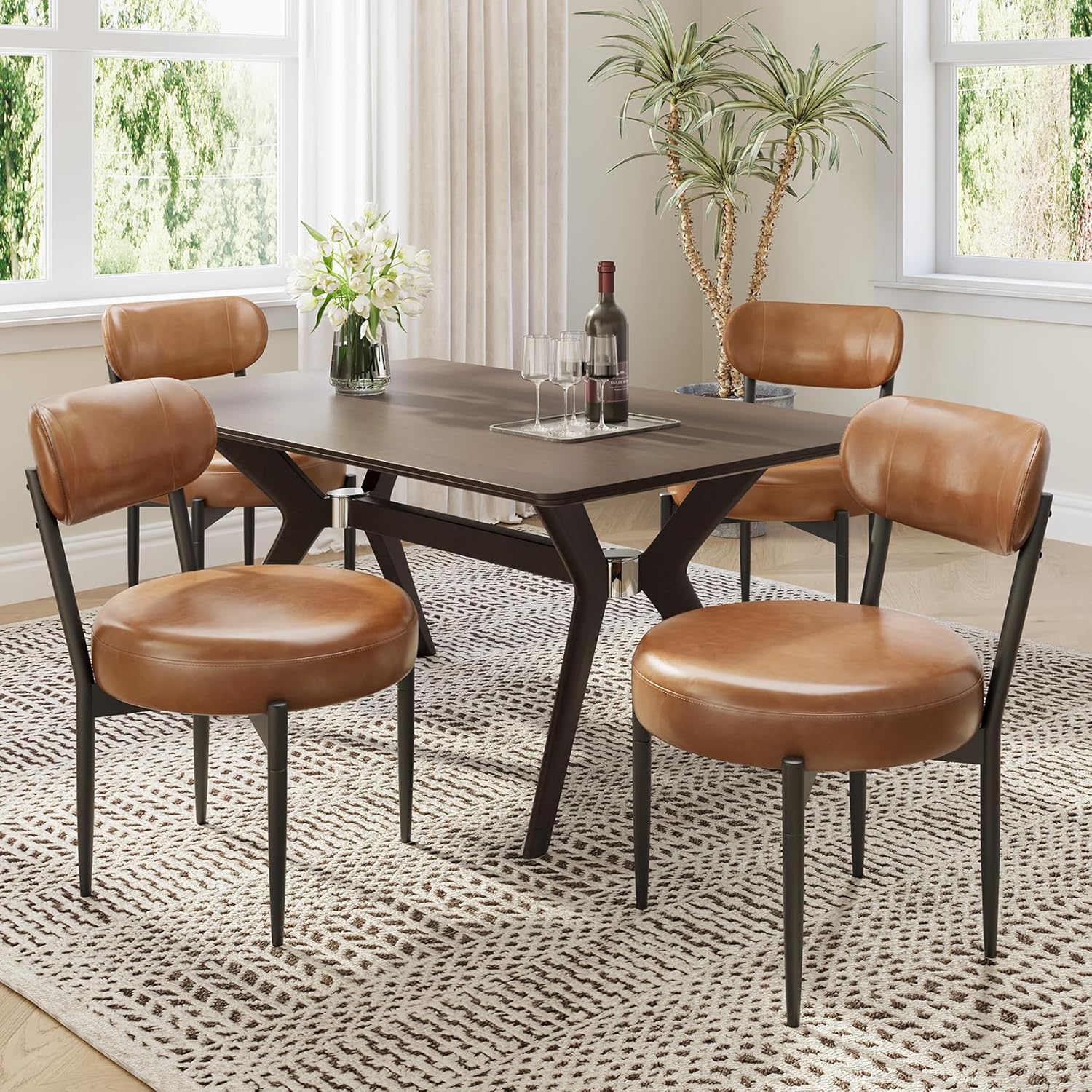 Welzona Upholstered Dining Chairs Set of 4, PU Leather Dining Room Chairs with Sturdy Metal Legs, Kitchen Chairs for Dining Room/Kitchen/Restaurant/Hotel, Modern Style, Brown