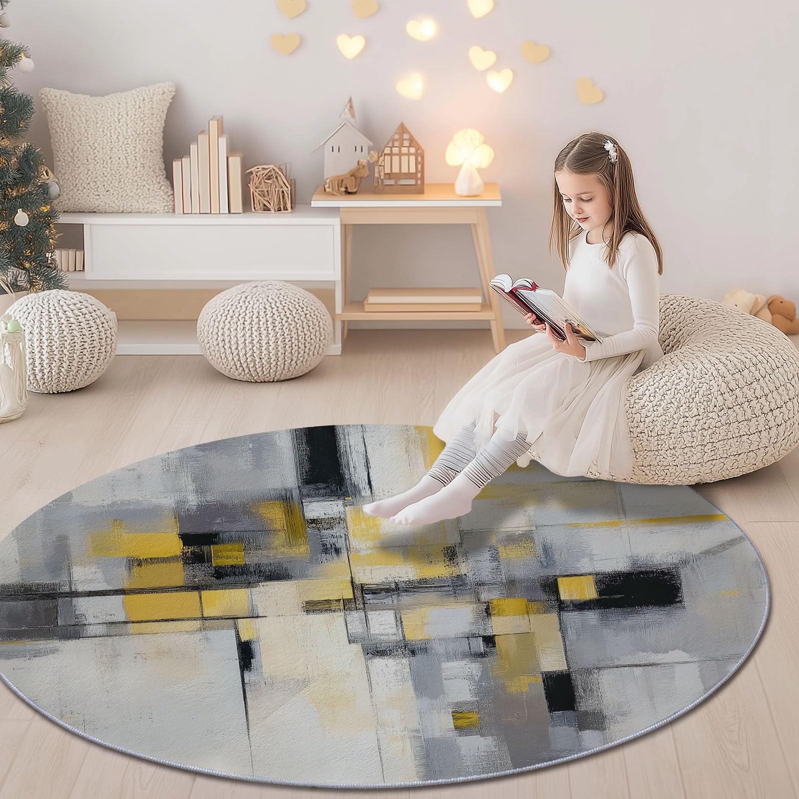 Runder Teppich 150 cm (Round) für drinnen und draußen Minimalistisches abstraktes Senfgelb rutschfest, fusselfrei, Teppich für Küche, Veranda, Foyer Senfgelb Grau