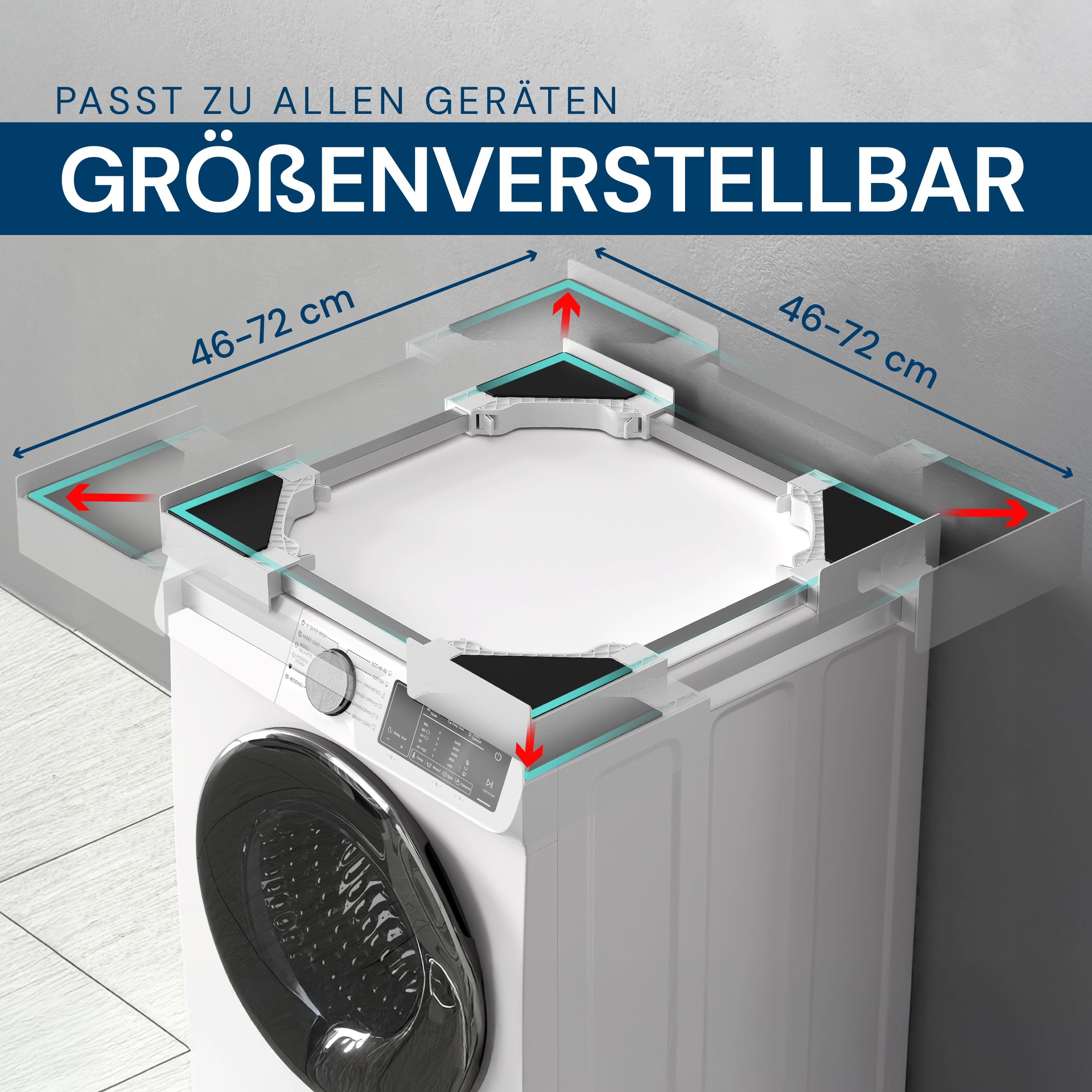 CLP Universal Verbindungsrahmen für Waschmaschinen & Trockner, stapelbar höhenverstellbar, mit Ablagefach & Spanngurt, Stabiler Baurahmen, Farbe:weiß