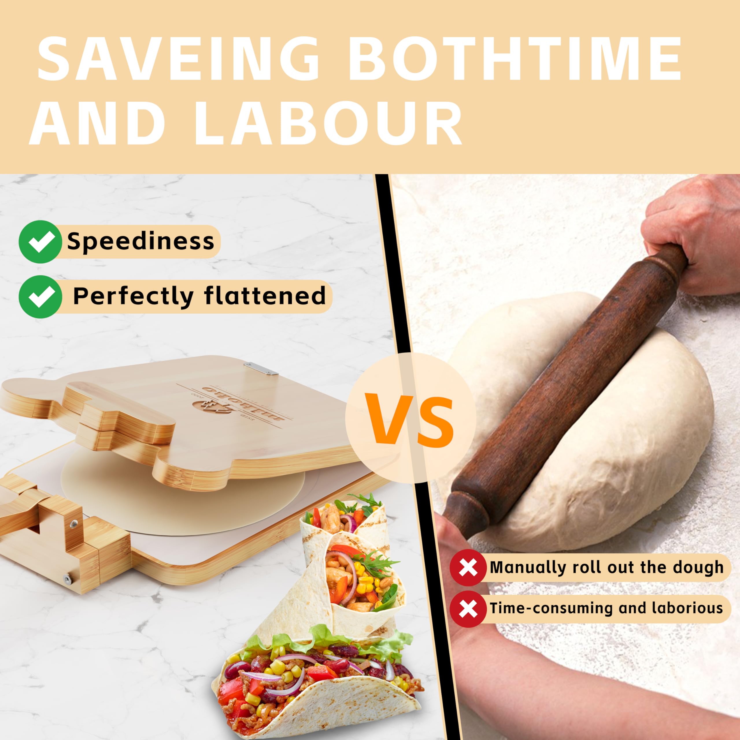 Presse à tortilla en bambou de 25,4 cm, presse à tortillera mexicaine faite maison pour tortillas mexicaines roti burrito, taco, pataconera (bois)