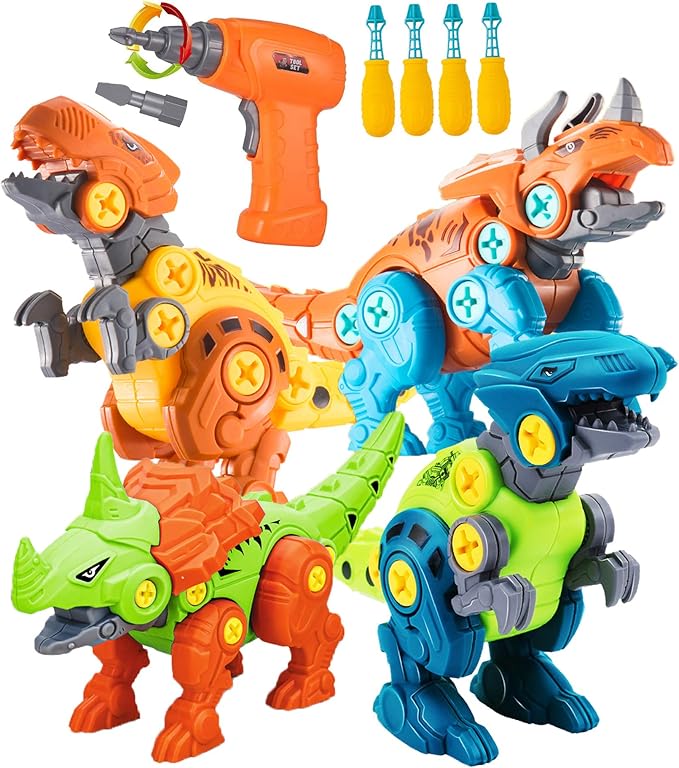 TEUVO Take Apart Dinosaur Toys for Kids with Electric Drill, 4 Packs DIY Dino Educational STEM Building Gift for Boy Girl 3-7