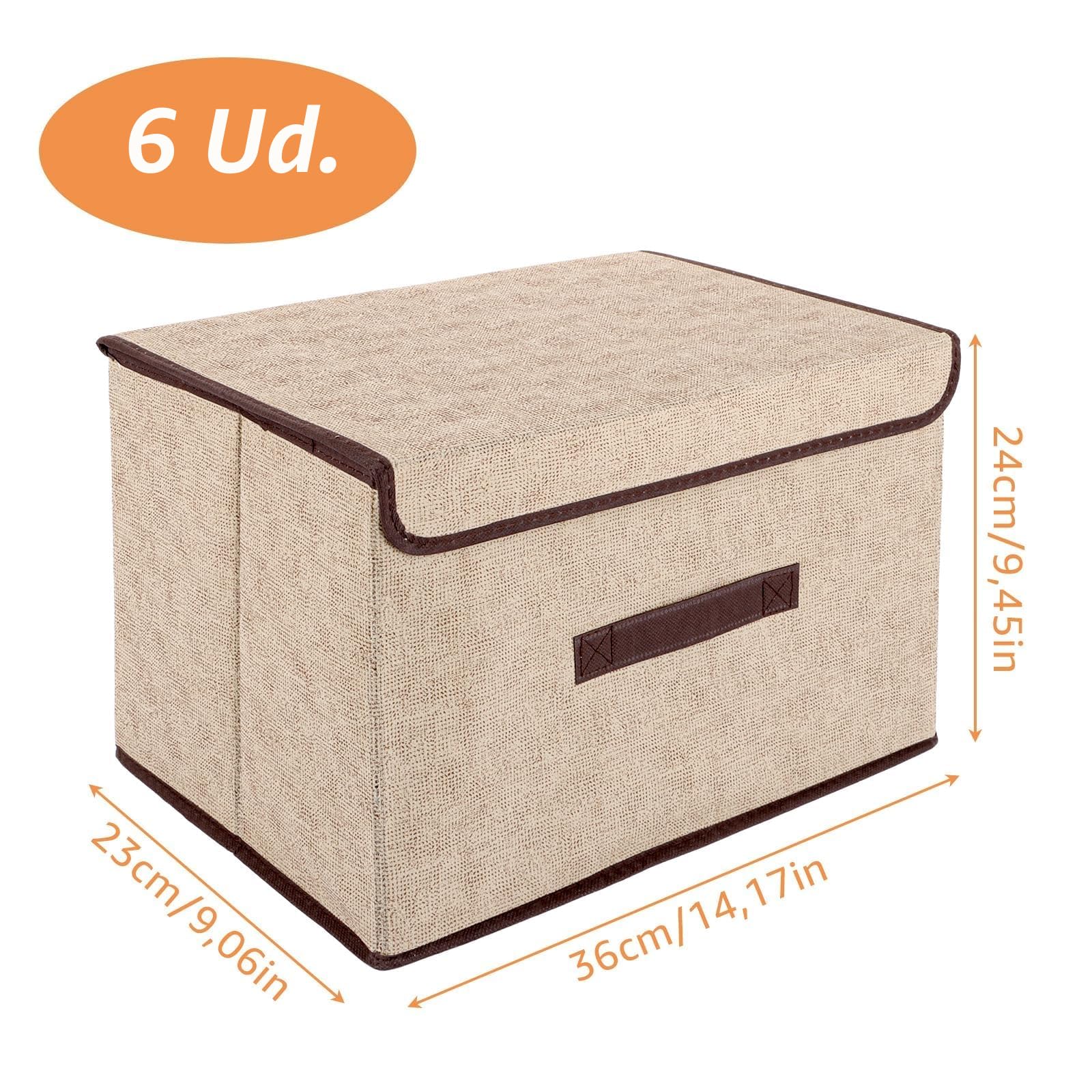 YAYODS 6 cajas de almacenaje de tela con tapa, 36 x 23 x 24 cm, beige | Cajas de tela beige de 36 x 23 x 24 cm, plegables, con cierre autoadherente y asa frontal; para ropa, textiles y accesorios
