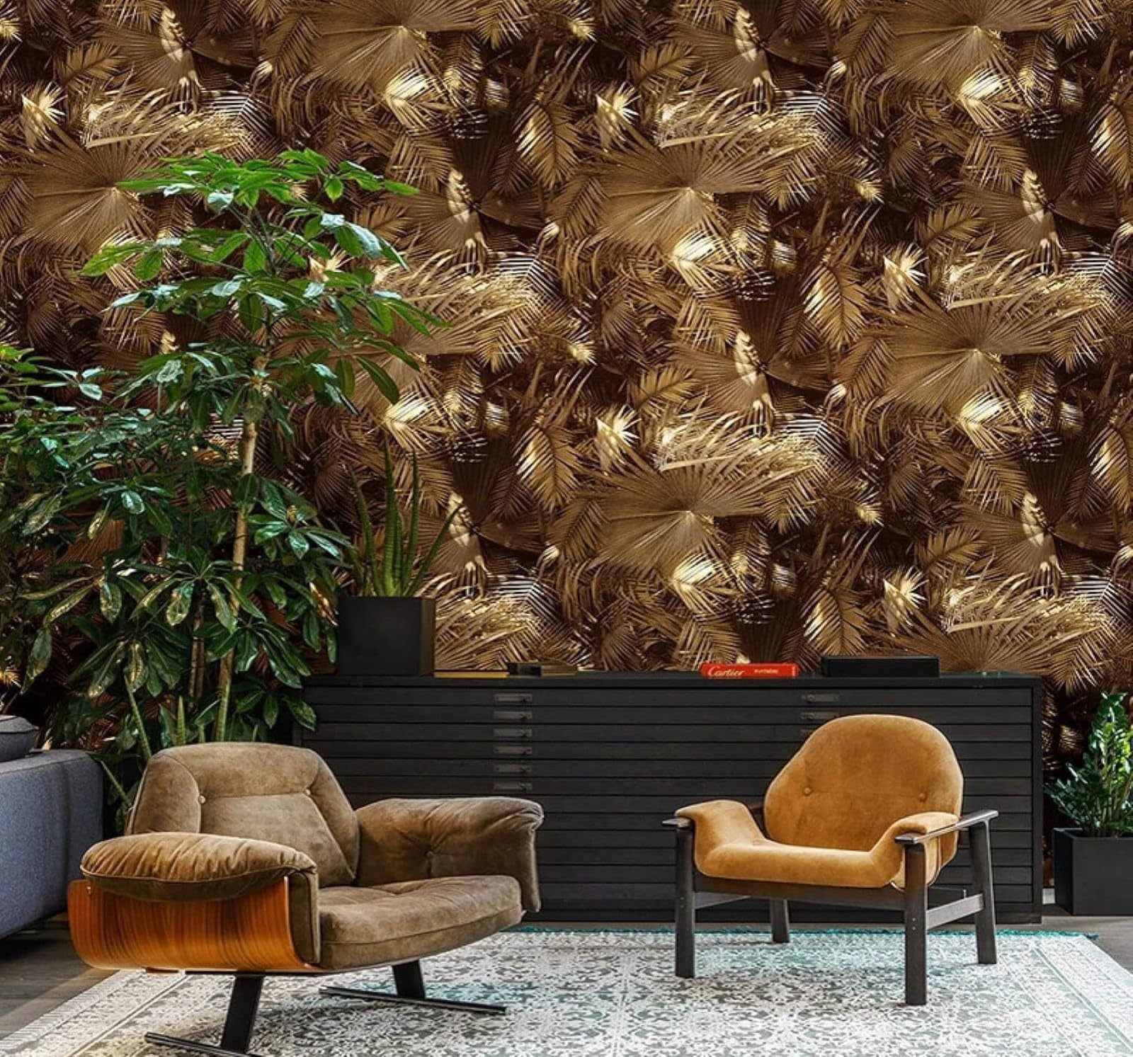 XLMING Luxury Three Dimensional Botanical Gold Banana Leaf 3D Wallpaper Luxury Home Dining Decor Paste Sofa Living Room The Wall for Bedroom Mural-150cm×105cm