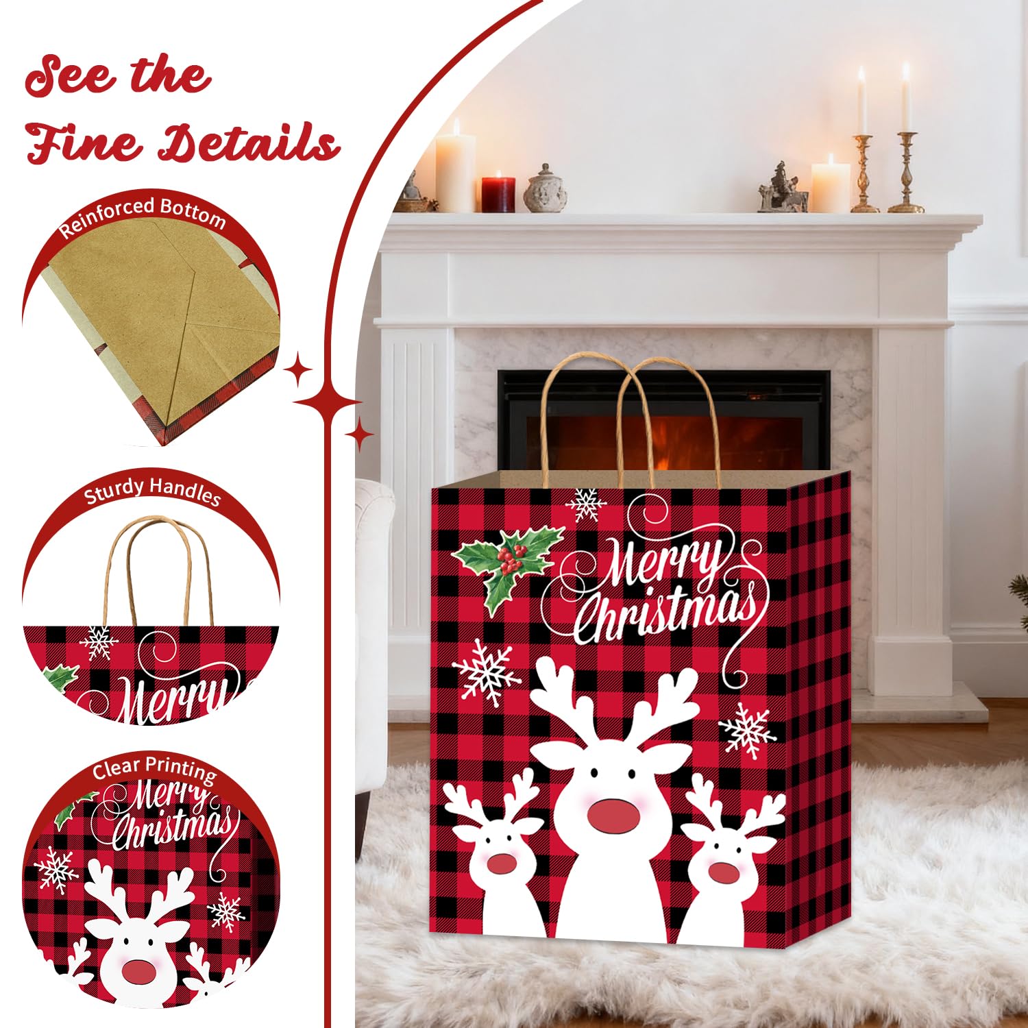 Nimbbex Confezione da 24 sacchetti di carta kraft per regali di Natale, con manici, dimensioni assortite, per feste di Natale, confezioni regalo di Natale (8 Jumbo, 8 grandi, 8 medi)
