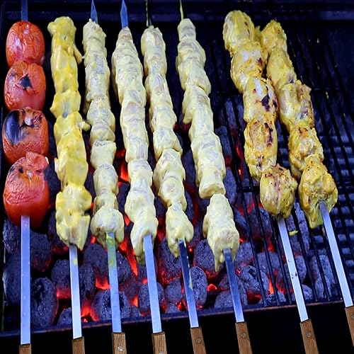 Miniatura 8 de Paquete de 12 pinchos de kebab de 23.5 pulgadas de largo, plano, de acero inoxidable, para barbacoa, reutilizables, con mango de madera, ideal para