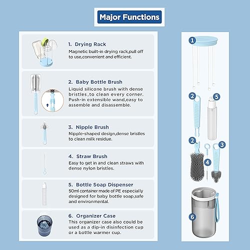 Miniatura 2 de Kit limpiador de biberones esencial de viaje para bebés con cepillo de silicona para botellas, estante de secado a presión integrado, cepillo de