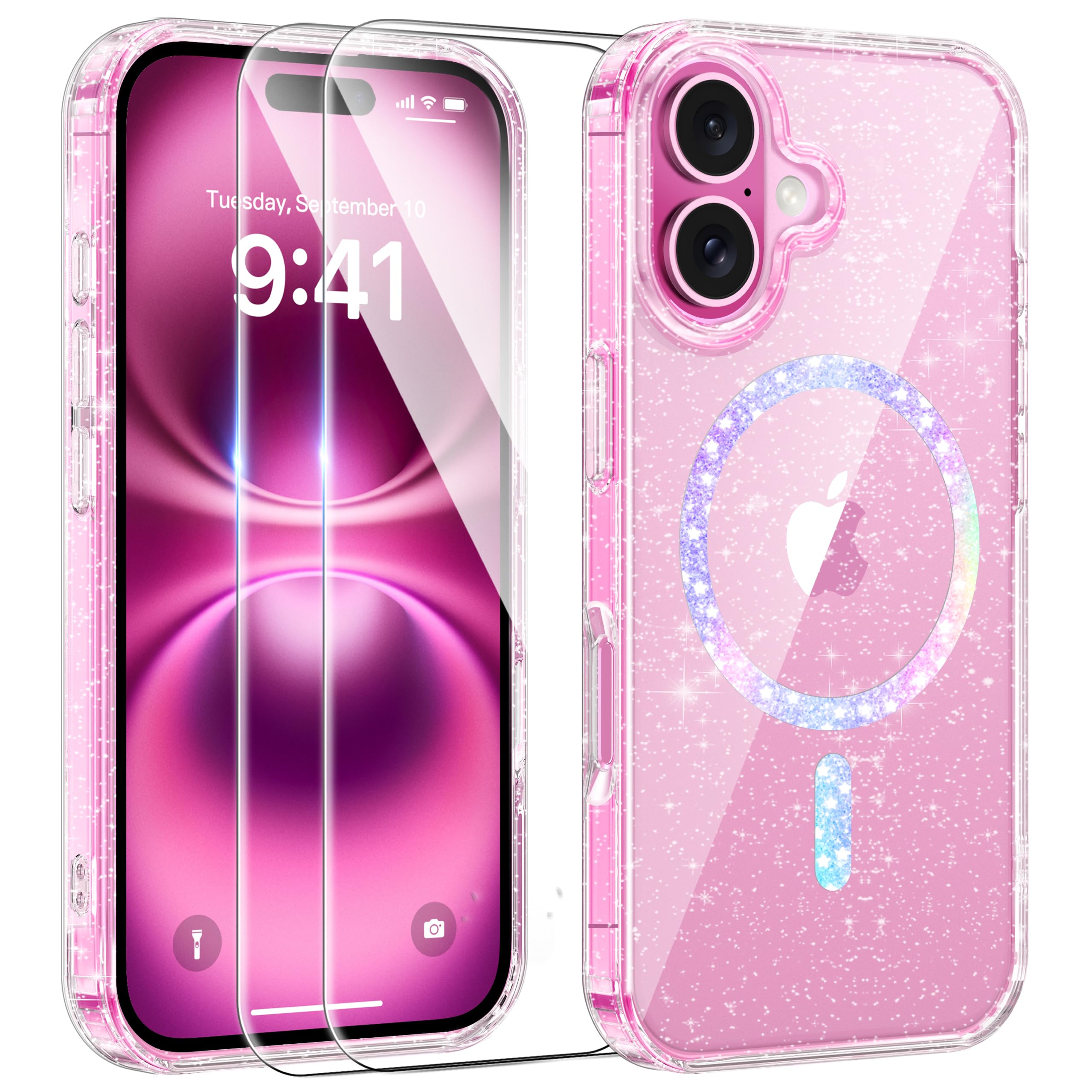 AROYI 3 In 1 Clear Glitter Case Compatible With IPhone 16 Case With 2 Tempered Glass Screen Protector, Soft Bumper Anti-Scratch Sparkle Bling Women - View #9