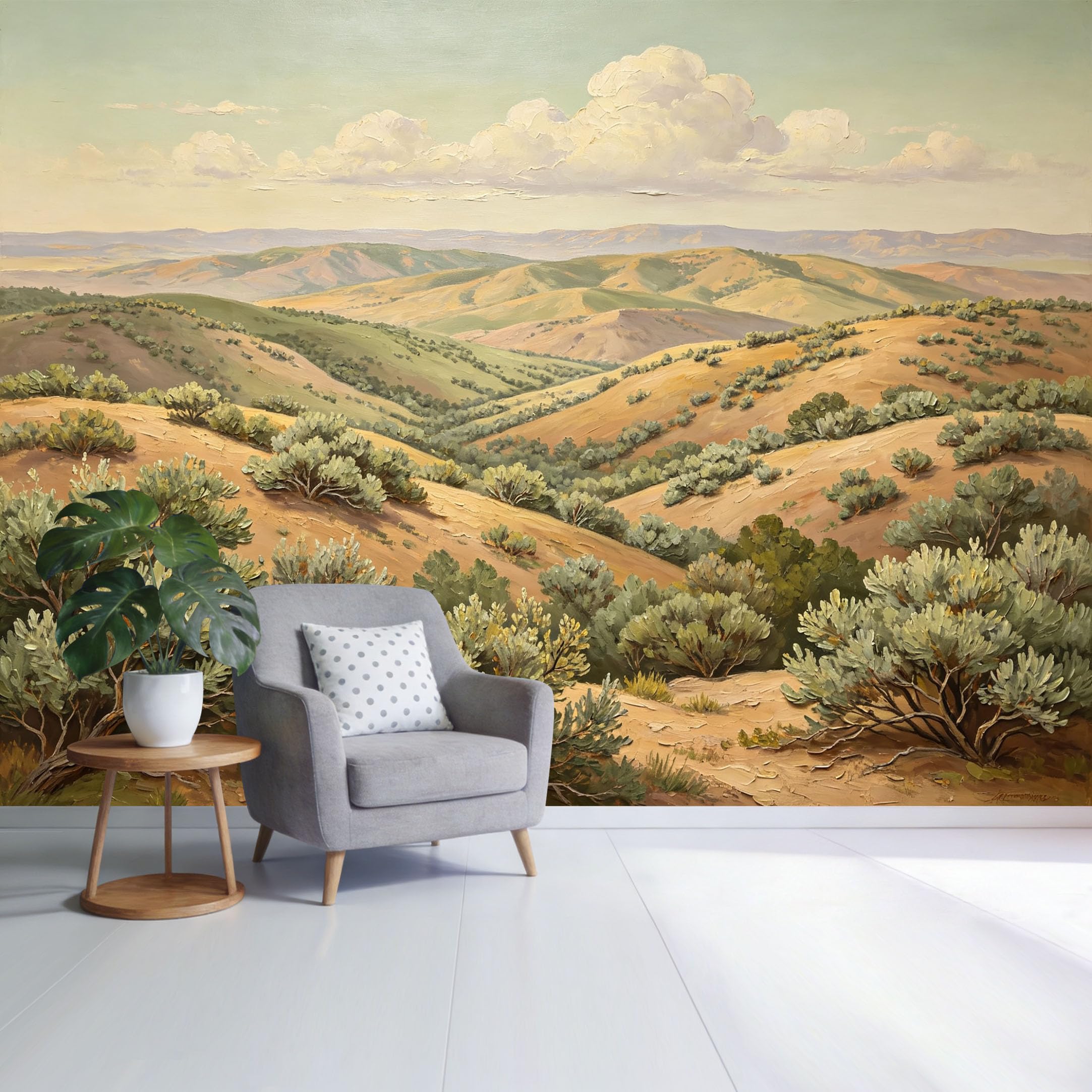 Custom Size Wall Mural Desert Landscape Sagebrush Hills Oil Painting Style Scenic View SelfAdhesive Wall Fabric Removable Wallpaper for Home Office Decor