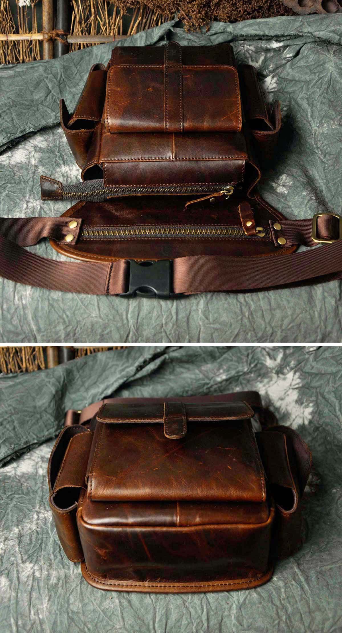 Le'aokuu Sacs en Cuir Véritable Messager Sac de Jambe Sacs à la Taille Sports Randonnée (913-5 A3 Café)