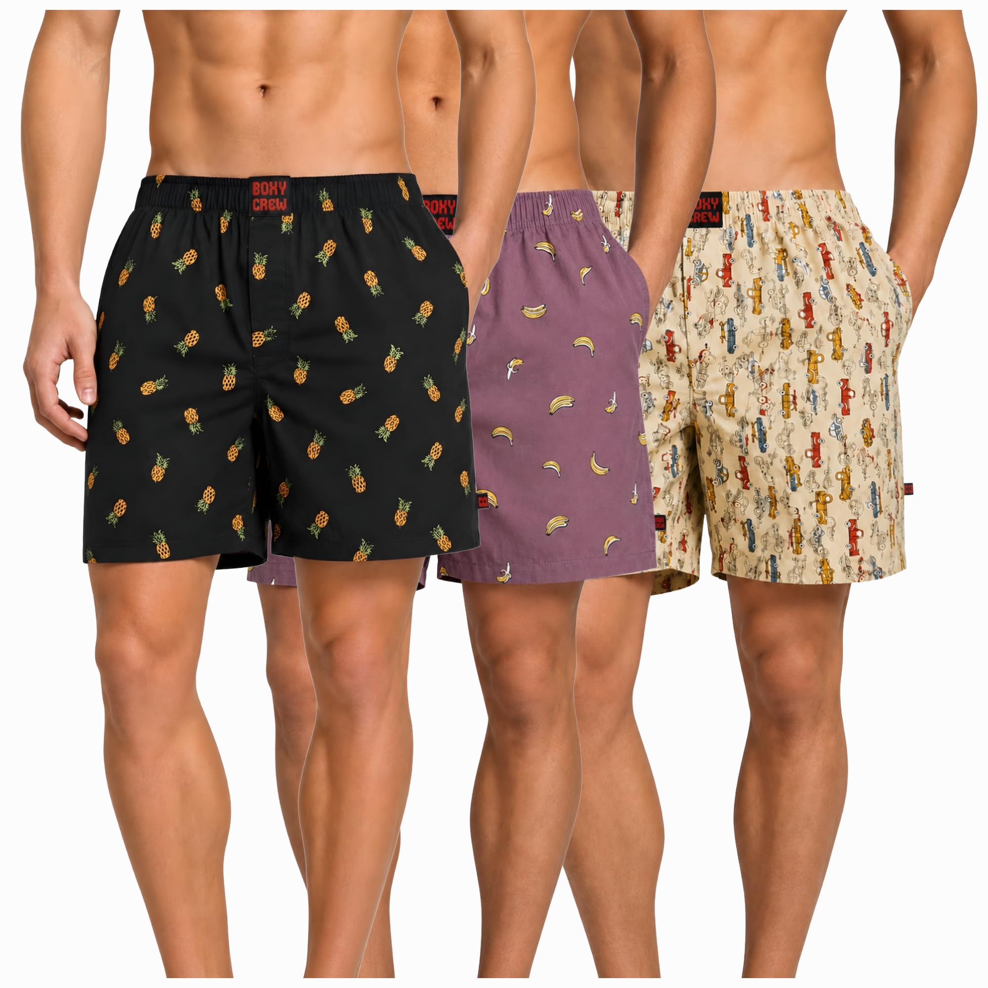 Men's 100% Cotton Boxer Shorts Pack of 3, Charcoal, Rose Pink & Beige | Woven Boxers with Side Pockets, No-Marks Elastic Waistband, Breathable Relaxed Fit | Style 004-006-013-image-37