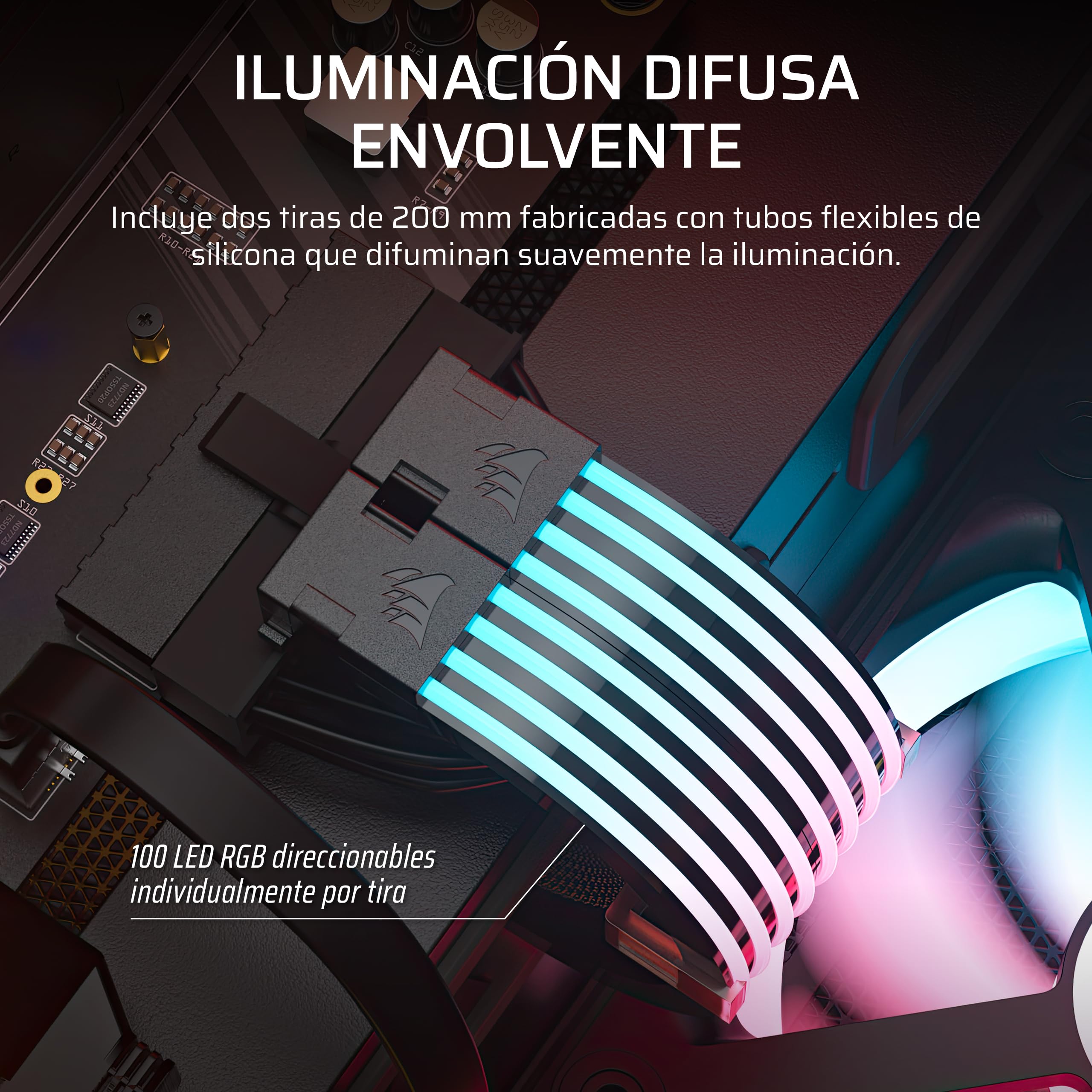 Corsair iCUE ARGB PSU Tiras de Cable – 2 Tiras de LED de 200mm – 100 LED RGB por Tira – Se Adapta a Cualquier Cable PSU – Control ARGB de 5 V de la Placa Base – Negro
