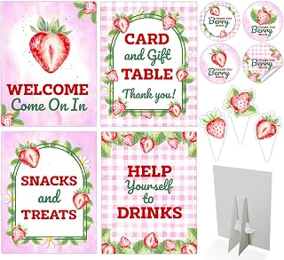 80 Pcs Strawberry Shortcake Birthday Decorations Party - Strawberry Baby Shower Decorations - 4 Table Centerpieces Welcome Sign, 36 Cupcake Toppers, 40 Thank You Stickers