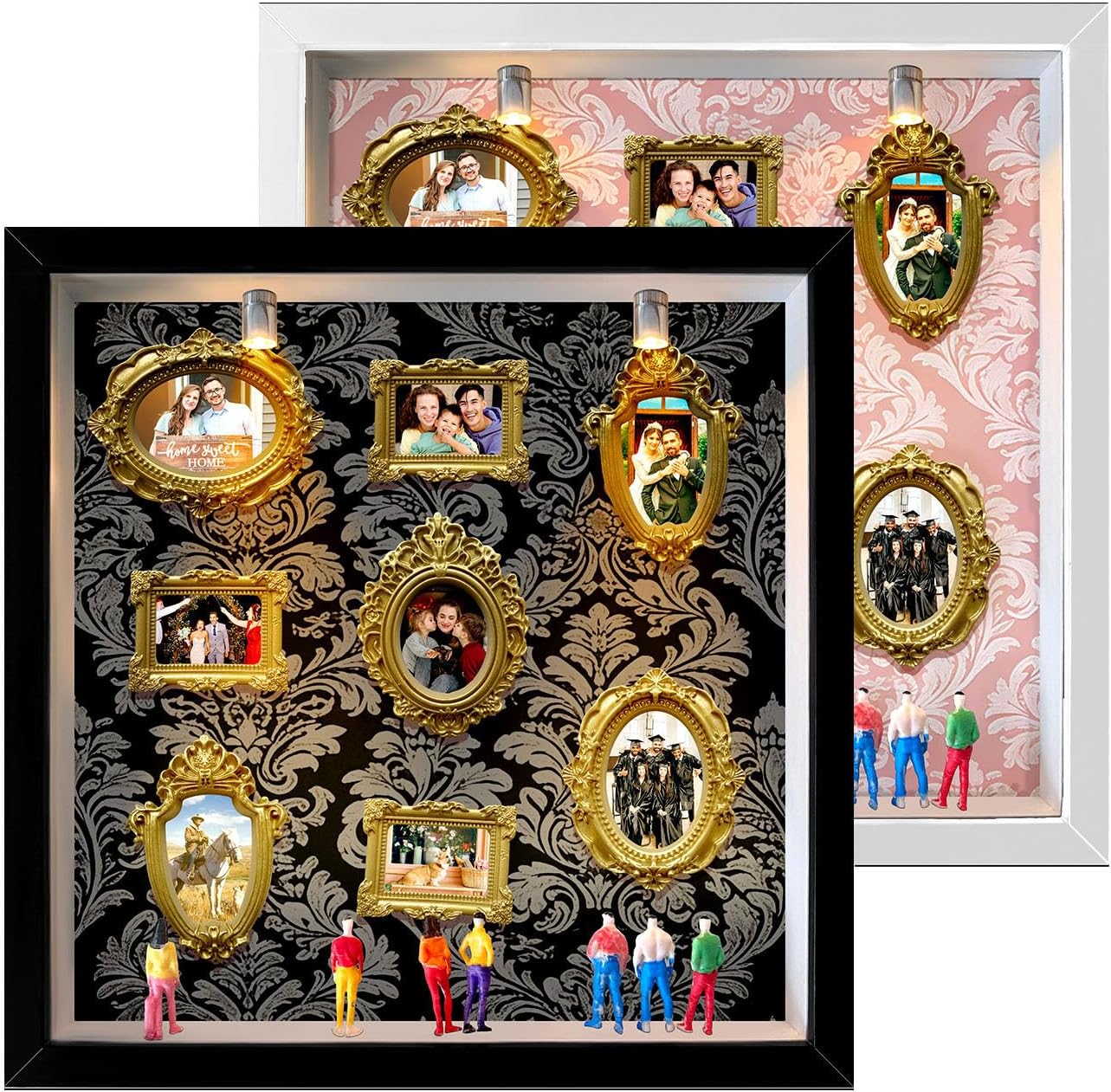 DIY Mini Gold Frames Shadow Box Kit with Figurines,8 Photos Frame Set Silhouette Memory Box for Anniversary Wedding Birthday Valentine's Day Mother's Day Vintage Home Decor