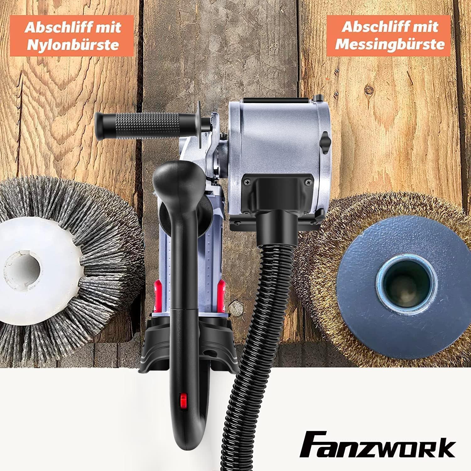 FANZWORK V2 Maszyna satynowa 1500 W do renowacji powierzchni wszelkiego rodzaju, z przyłączem odkurzacza, regulacją prędkości obrotowej, uchwytem kulowym, mosiądzem, nylonem, szczotką do papieru