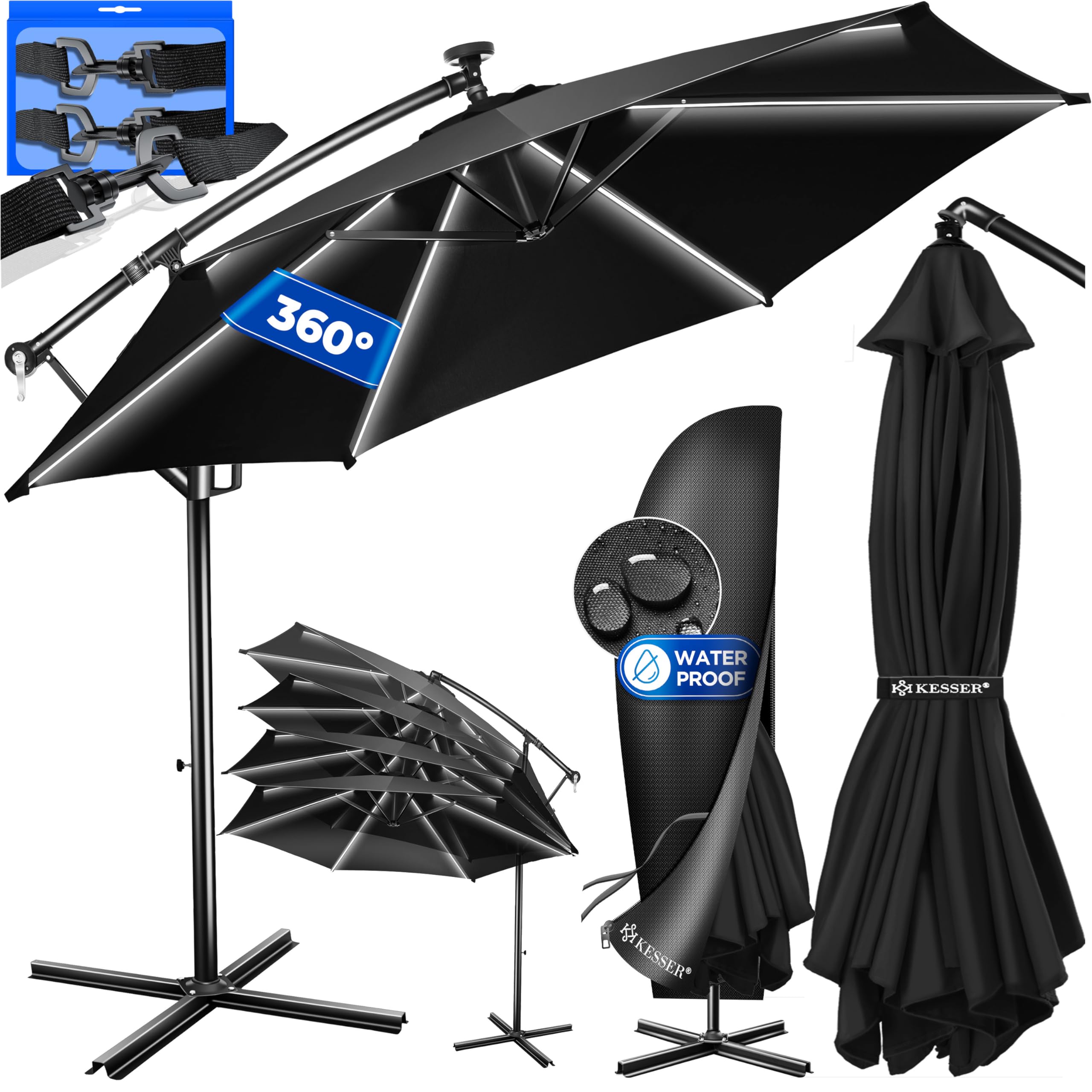 KESSER® Sombrilla LED Solar Aluminio 300cm Incluido Funda Control Remoto & Manivela | Parasol con Soporte Función 360° Protección UV Repelente Agua para Jardín Terraza Mercado Negro