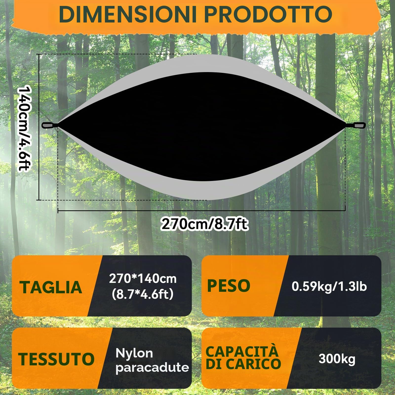 Amaca Campeggio Ultraleggera, Capacità di Carico 300kg, 270 x 140 cm in Nylon Paracadute Traspirante, con Cinghie Rispettose degli Alberi, Moschettoni & Borsa da Viaggio, per Giardino, Trekking