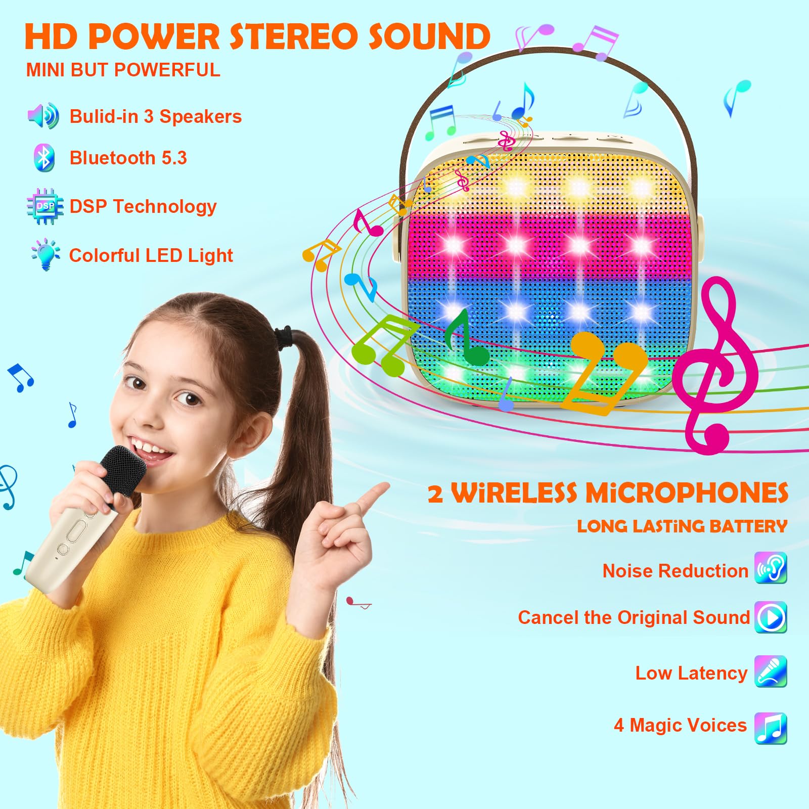 Maszyna do karaoke dla dzieci, mini maszyna do karaoke z 2 mikrofonami, zabawka od 3-12 lat, dla dziewcząt, chłopców, prezent na mikrofon, przenośny głośnik Bluetooth z efektami głosowymi i diodami