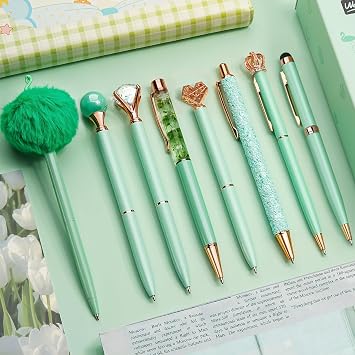WEMATE 8Pcs Metal Crystal Diamond Ballpoint Pens Set - Glitter Green With Black & Blue Ink - Bling Fancy Gifts for Women, Wedding, School, Office Desk