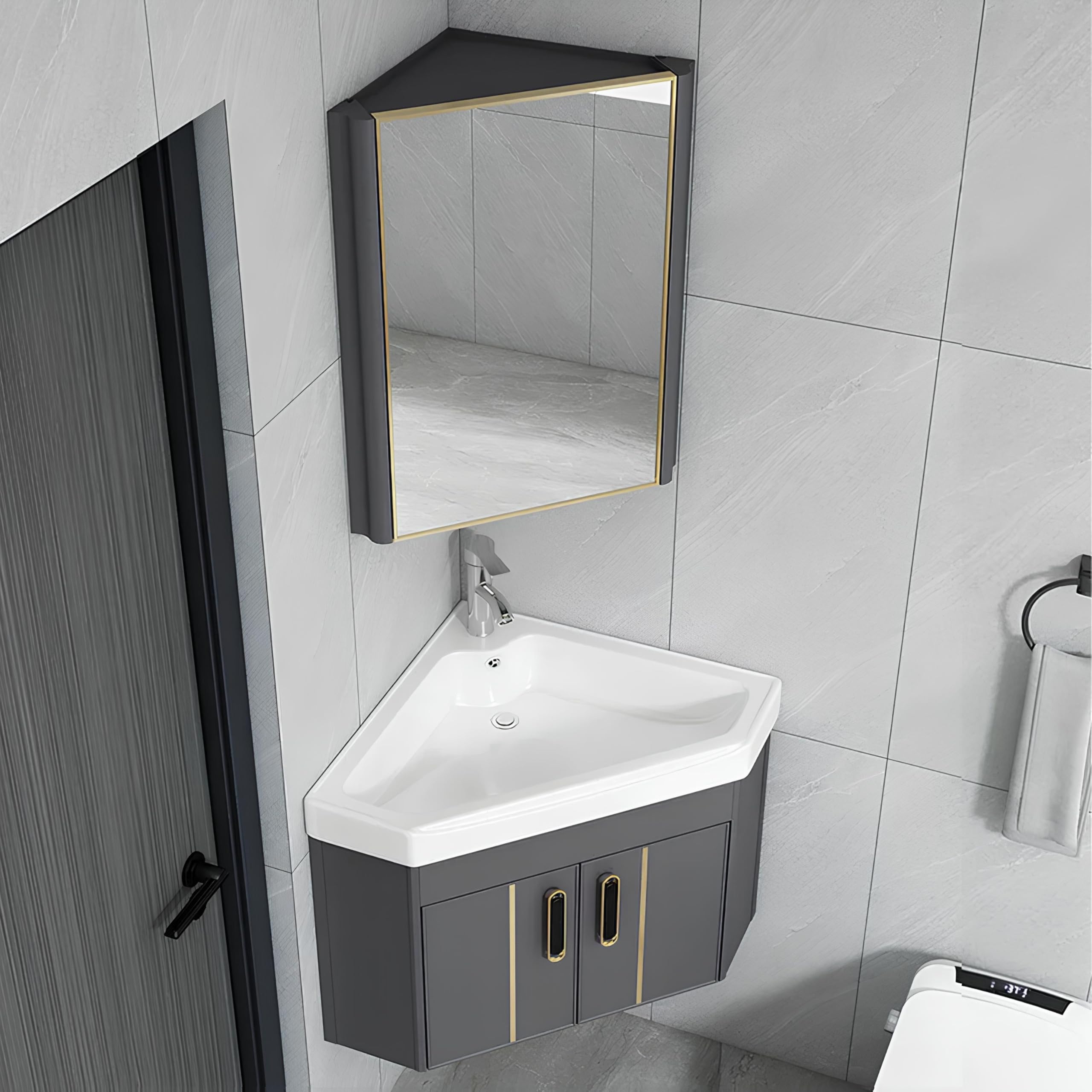 SGKOMN Corner Bathroom Vanity with Ceramic Sink & Mirror Cabinet, Wall Mounted Bathroom Vanity Sink Set for Small Space, Laundry Room, Balcony, Hui-56 * 56cm