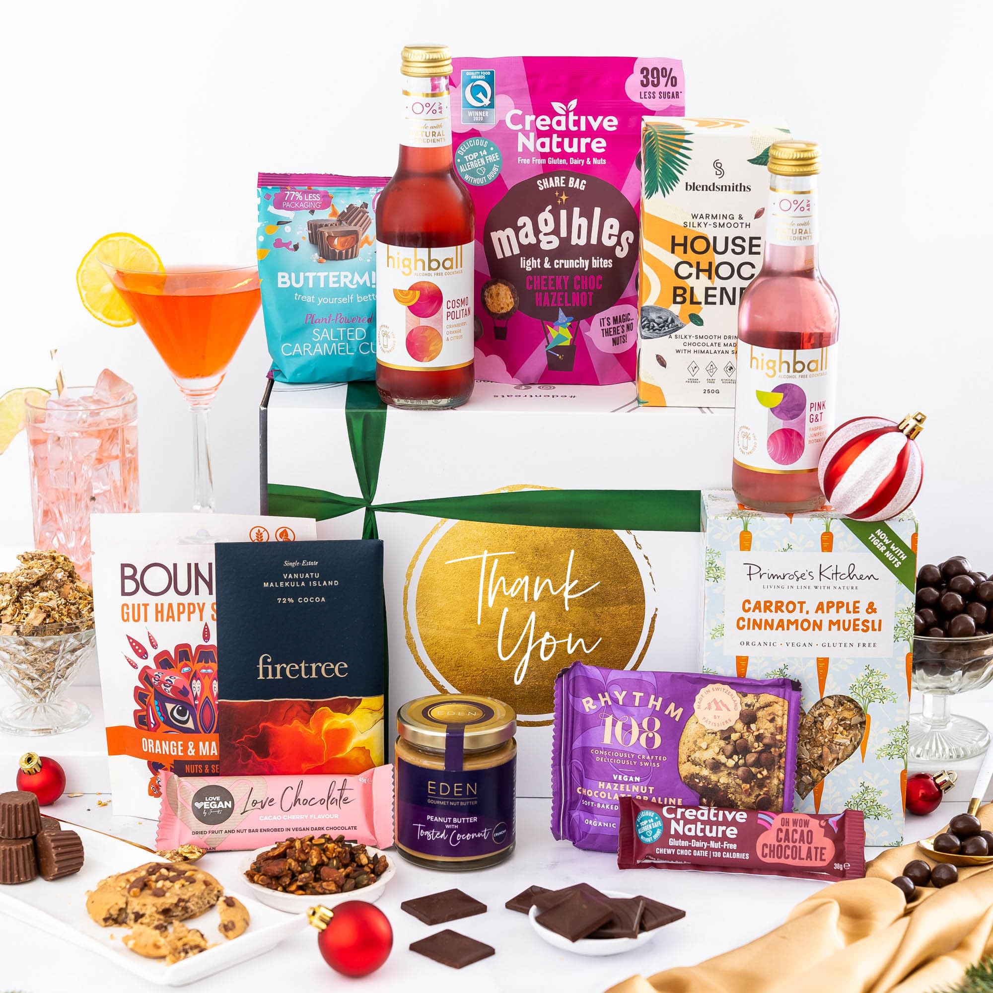Thank You Gift Hamper Basket, Luxury Gourmet Gifts for Women, Men or Couples, Dairy Free, Gluten Free and Vegan Chocolate by EDEN Treats - Includes 2 Mocktails